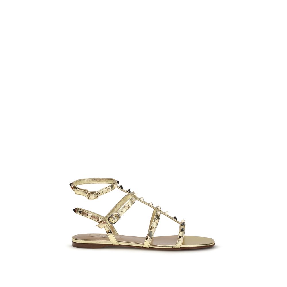 Valentino Garavani Gold Calf Leather Bos Taurus Flat Sandals - Luxe Nova