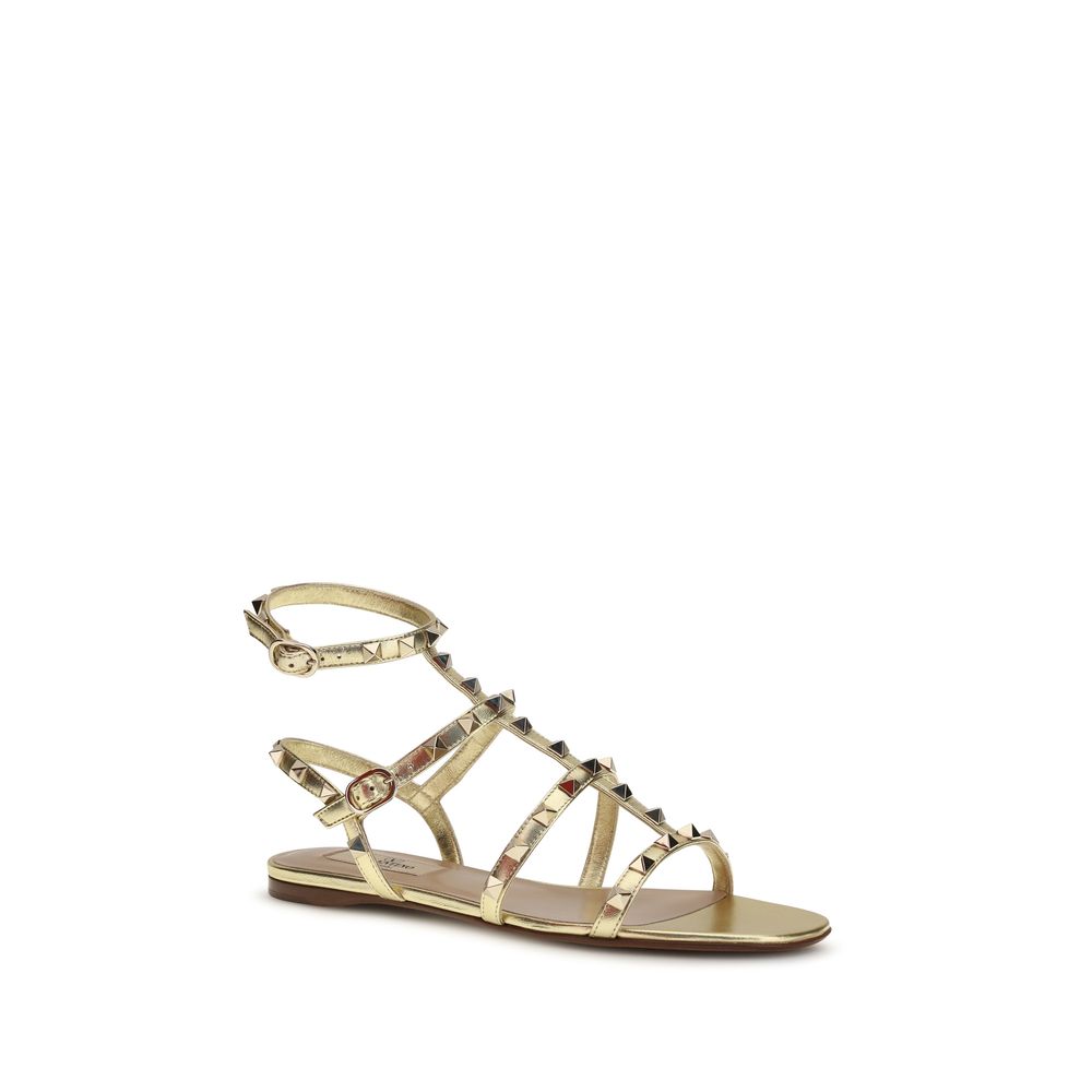 Valentino Garavani Gold Calf Leather Bos Taurus Flat Sandals - Luxe Nova