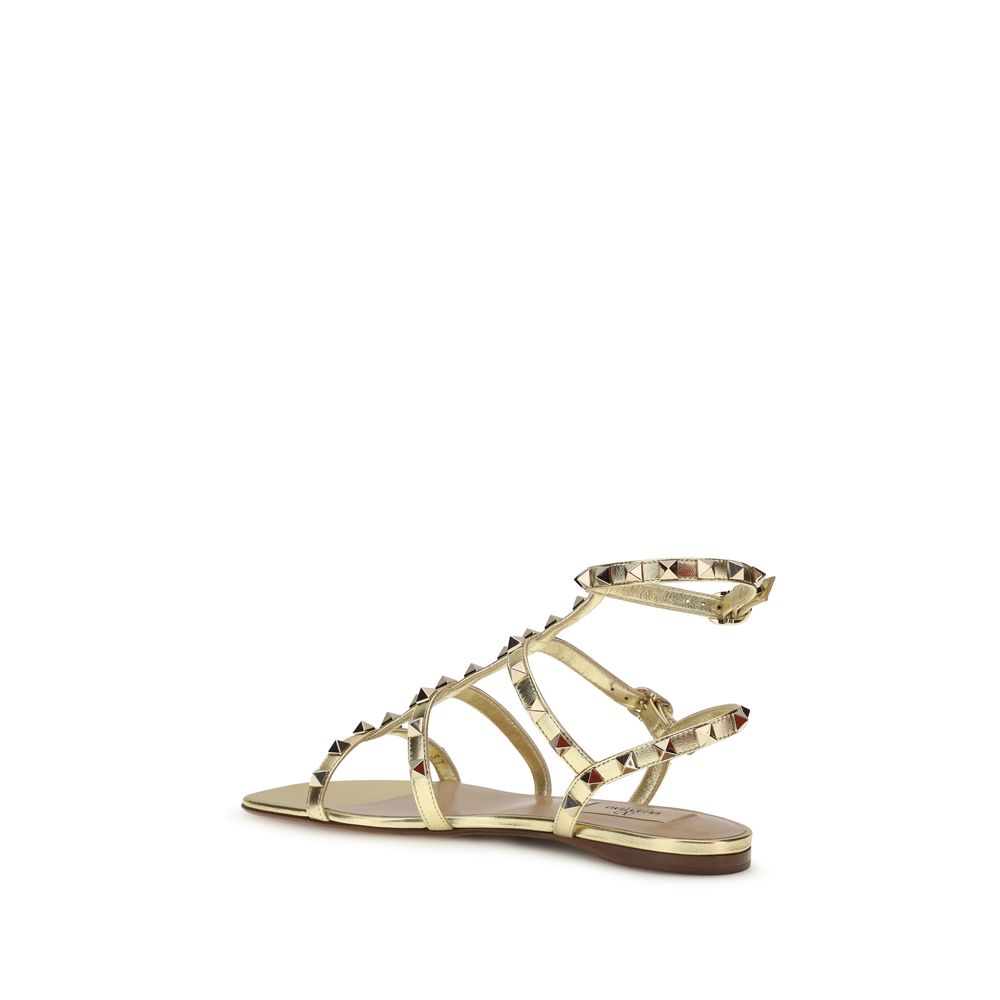 Valentino Garavani Gold Calf Leather Bos Taurus Flat Sandals - Luxe Nova