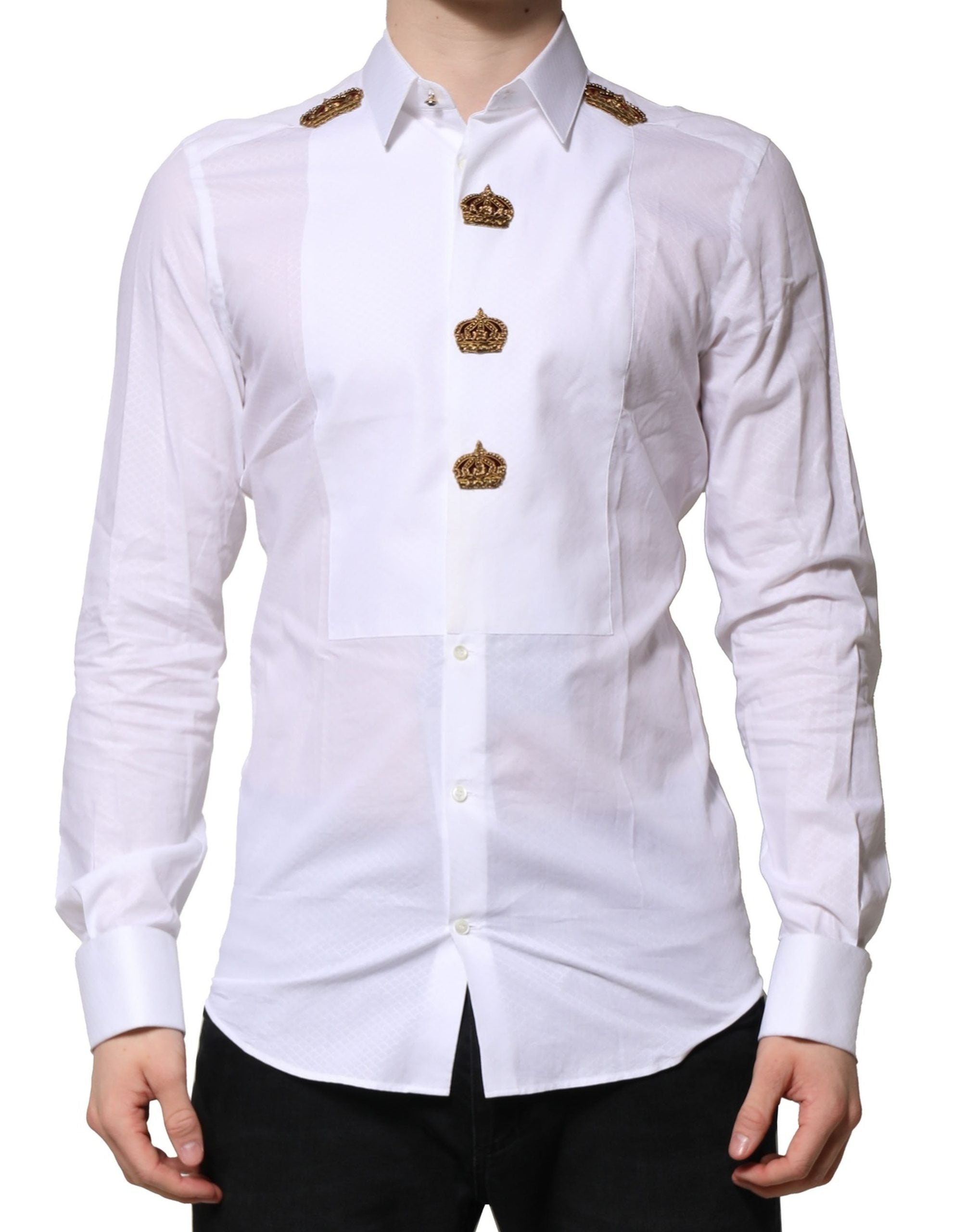 Dolce & Gabbana White GOLD Crown Cotton Dress Formal Shirt - Luxe Nova