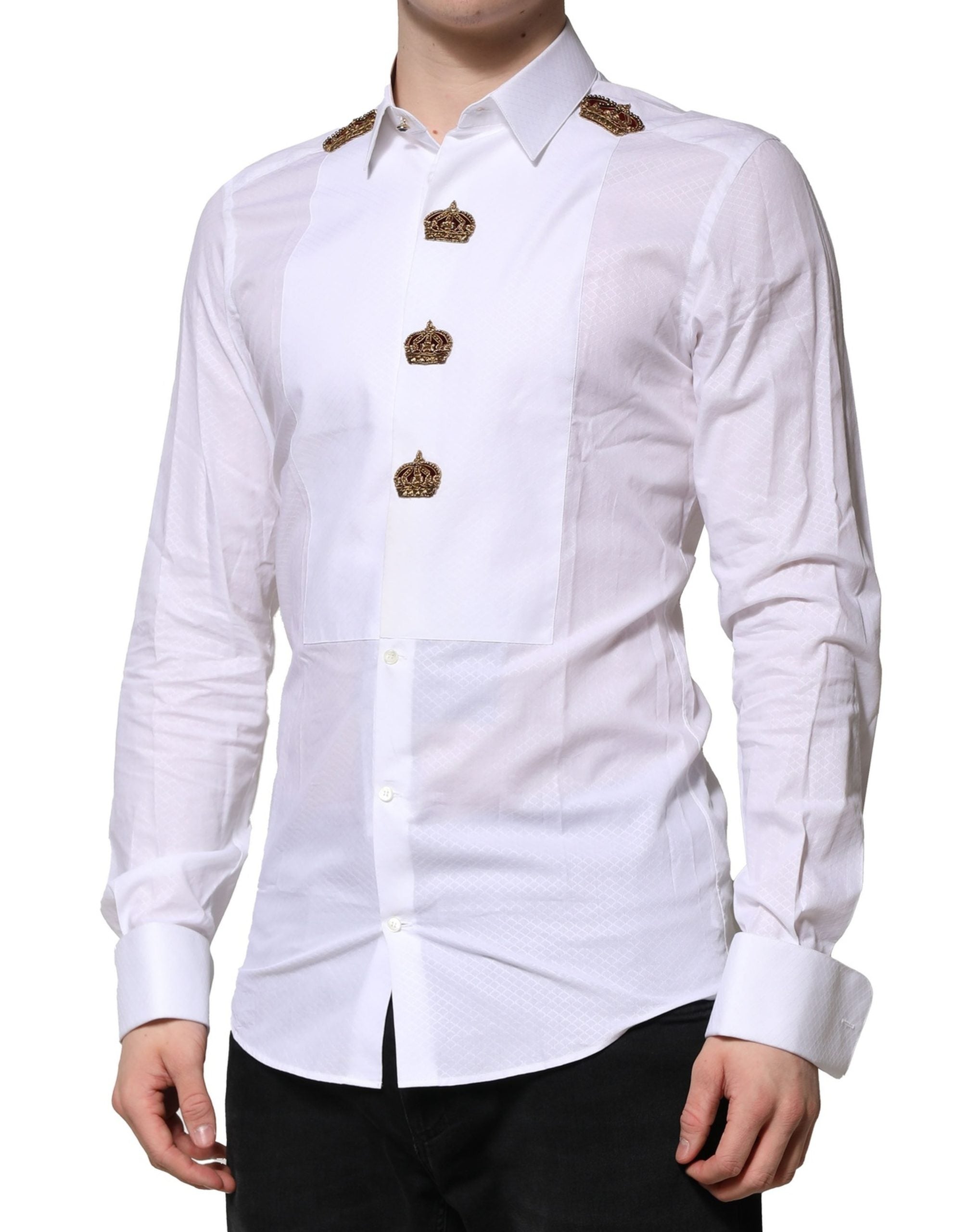 Dolce & Gabbana White GOLD Crown Cotton Dress Formal Shirt - Luxe Nova
