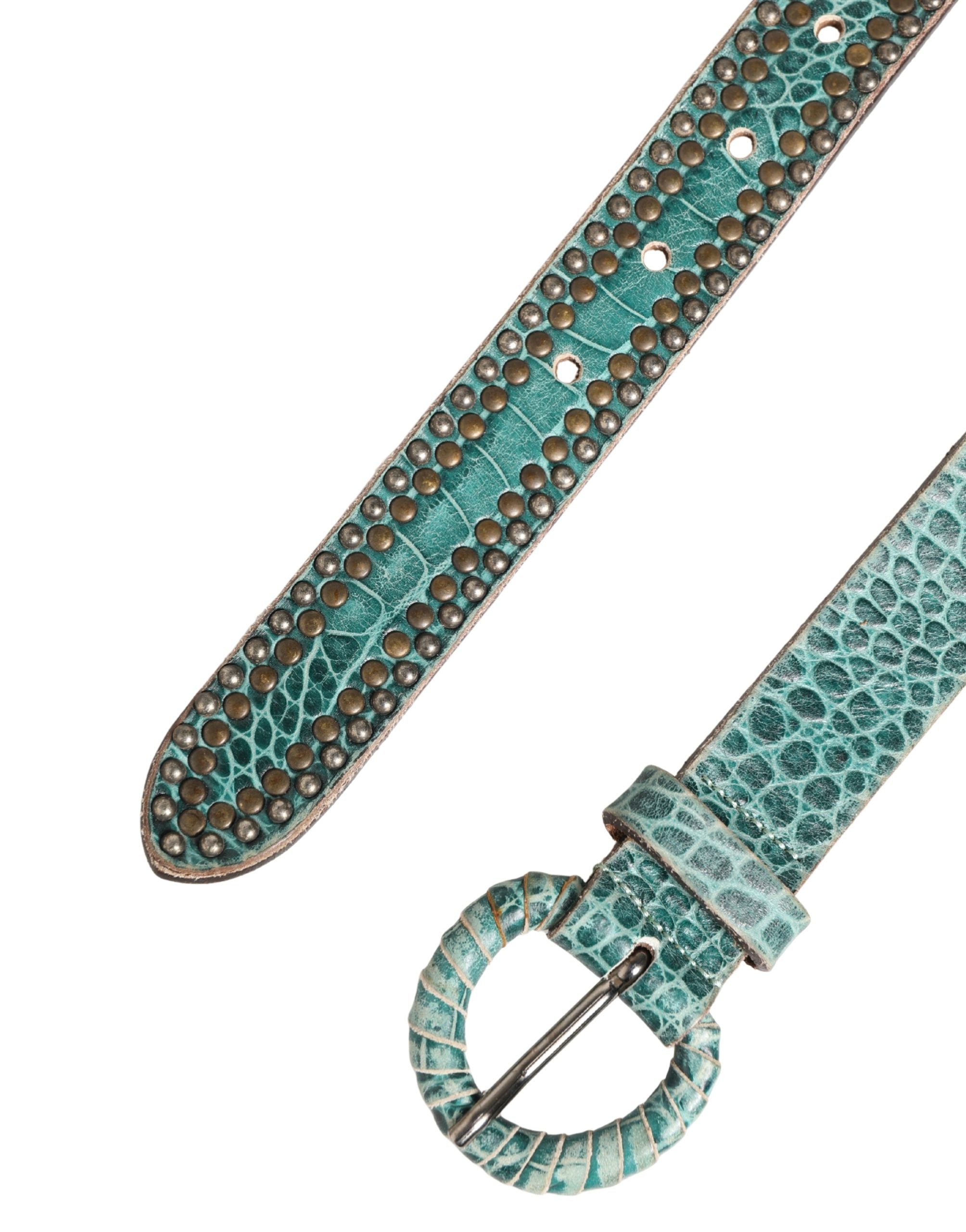 Scervino Street Women Green Leather Croco Print Studded Belt
