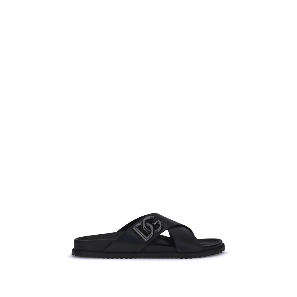 Dolce & Gabbana Black Calf Leather Bos Taurus Flat Sandals - Luxe Nova