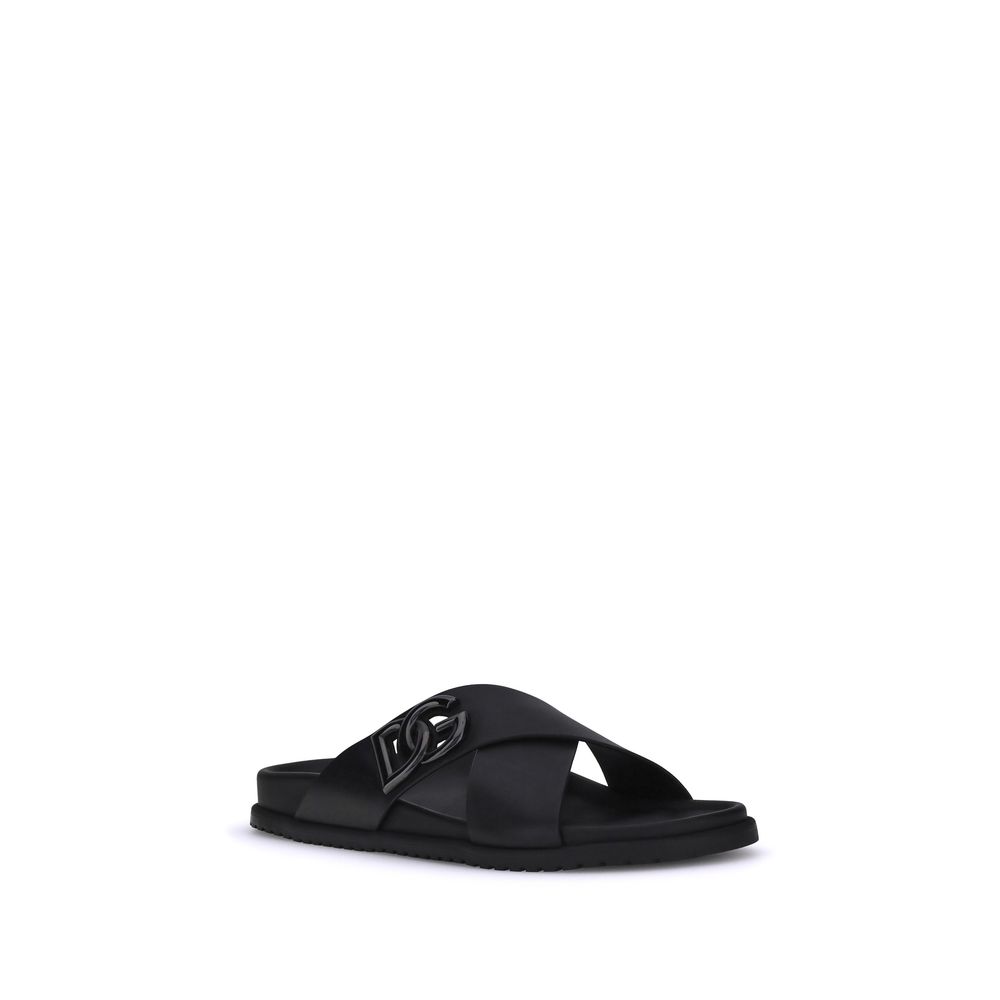 Dolce & Gabbana Black Calf Leather Bos Taurus Flat Sandals - Luxe Nova