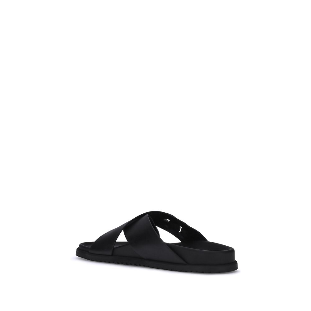 Dolce & Gabbana Black Calf Leather Bos Taurus Flat Sandals - Luxe Nova