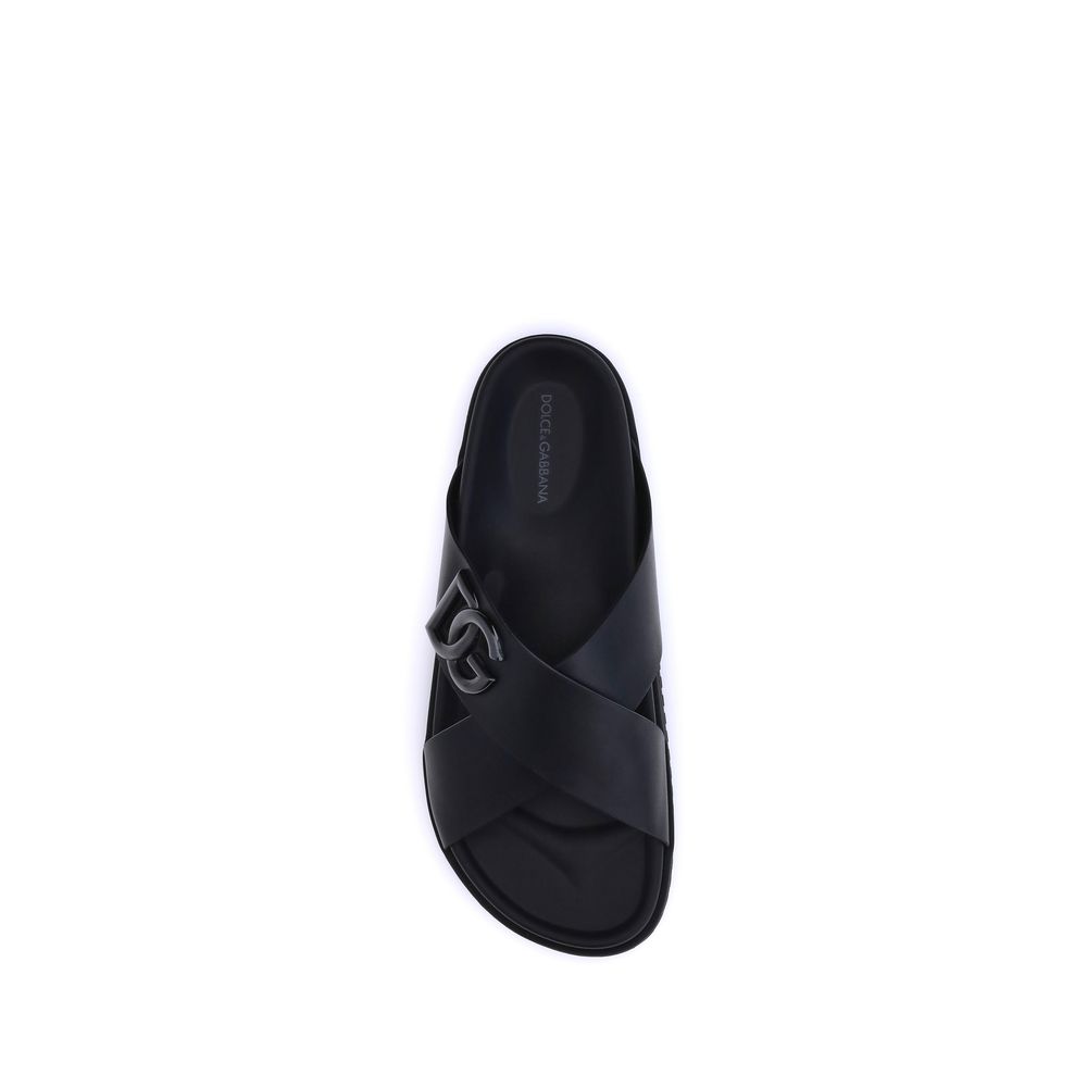 Dolce & Gabbana Black Calf Leather Bos Taurus Flat Sandals - Luxe Nova