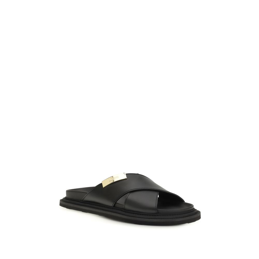 Moschino Black Calf Leather Bos Taurus Flat Sandals - Luxe Nova