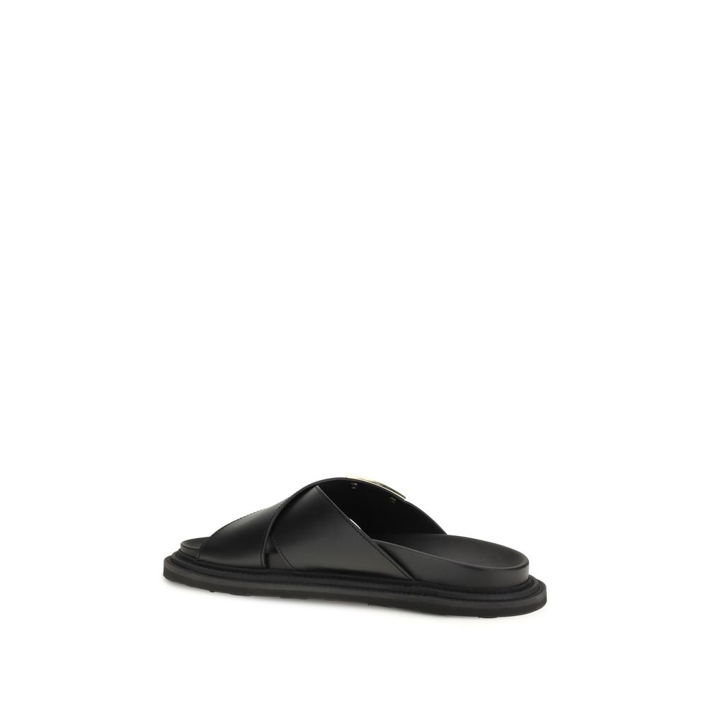 Moschino Black Calf Leather Bos Taurus Flat Sandals - Luxe Nova