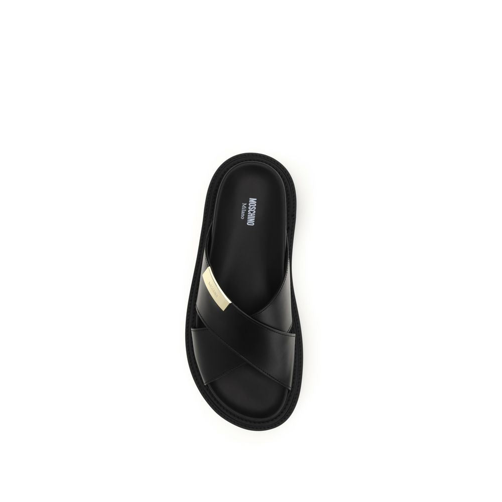 Moschino Black Calf Leather Bos Taurus Flat Sandals - Luxe Nova