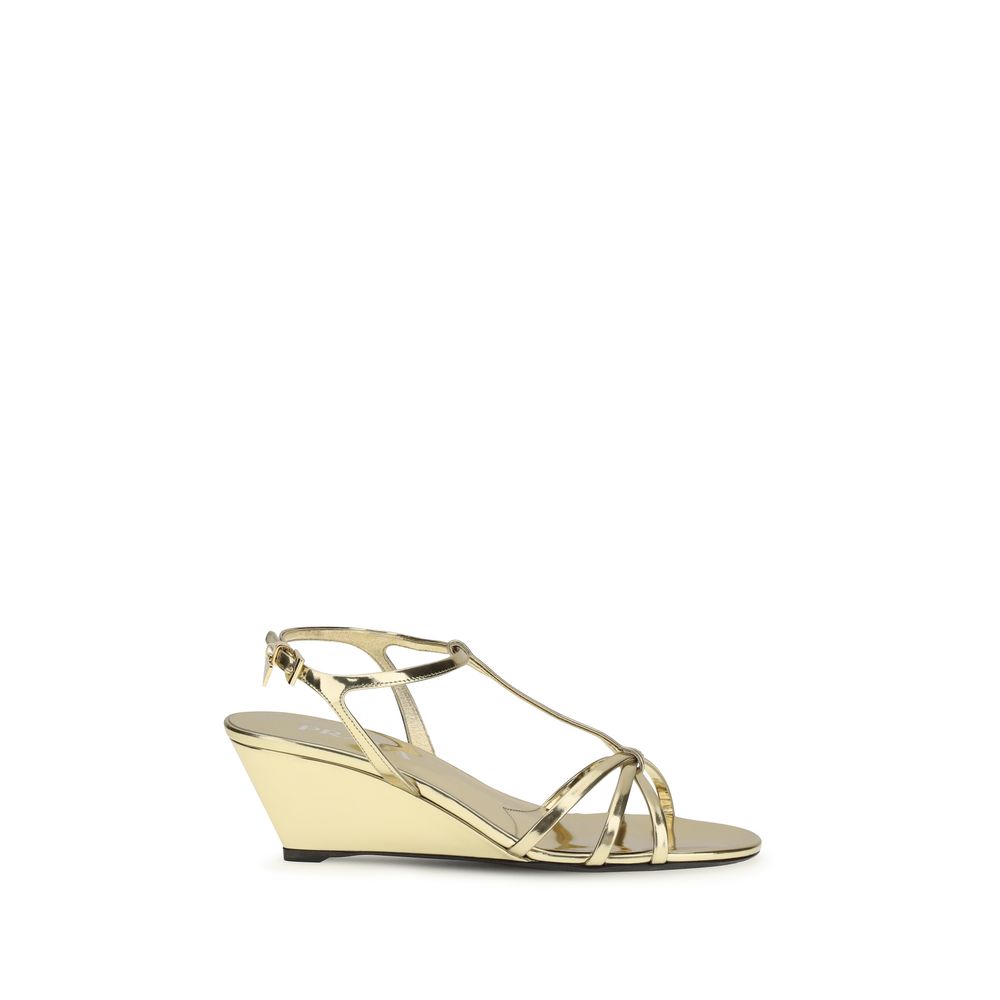 Prada Gold Calf Leather Bos Taurus Wedge Sandals - Luxe Nova