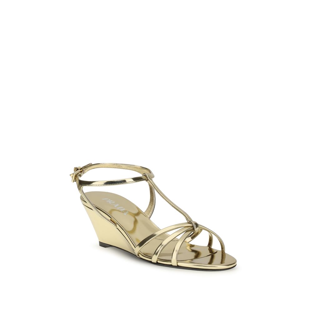 Prada Gold Calf Leather Bos Taurus Wedge Sandals - Luxe Nova