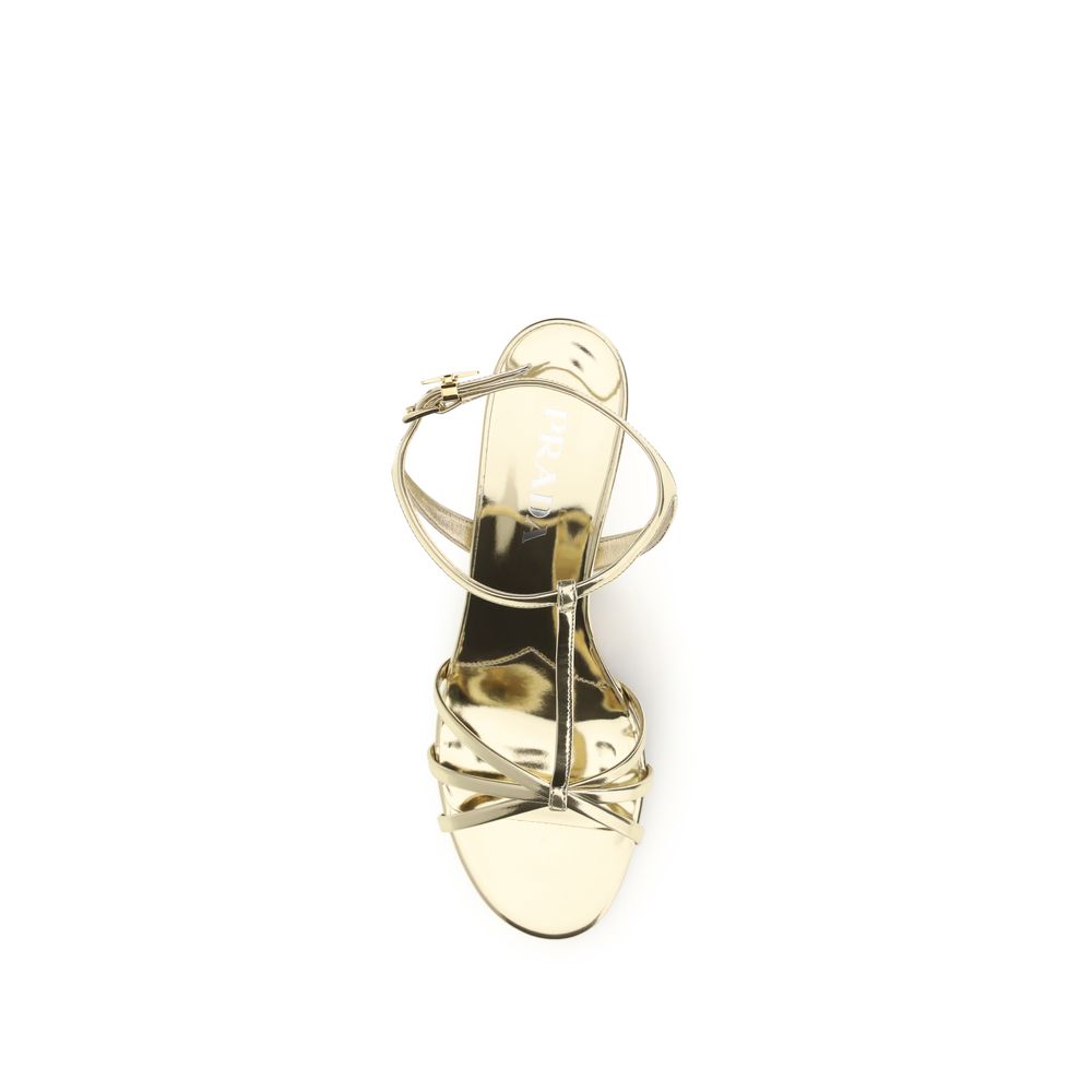 Prada Gold Calf Leather Bos Taurus Wedge Sandals - Luxe Nova