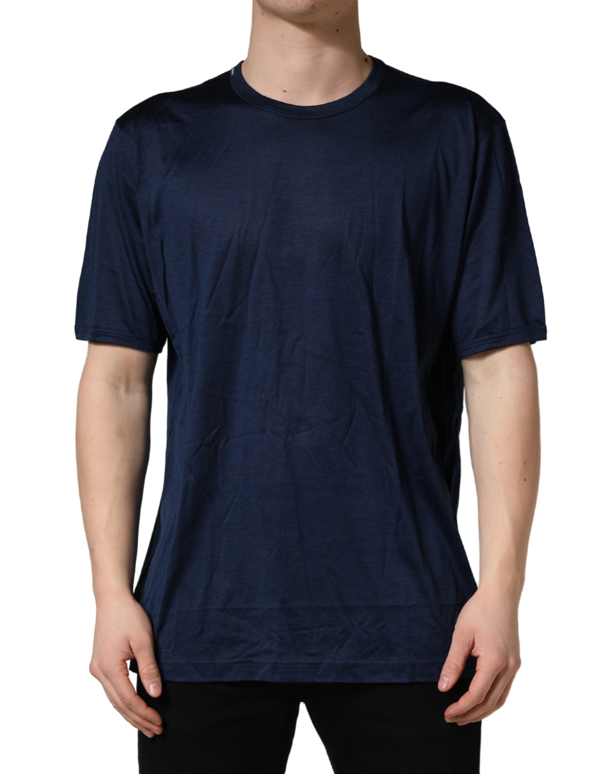 Dolce & Gabbana Dark Blue Silk Short Sleeve CrewNeck T-shirt - Luxe Nova
