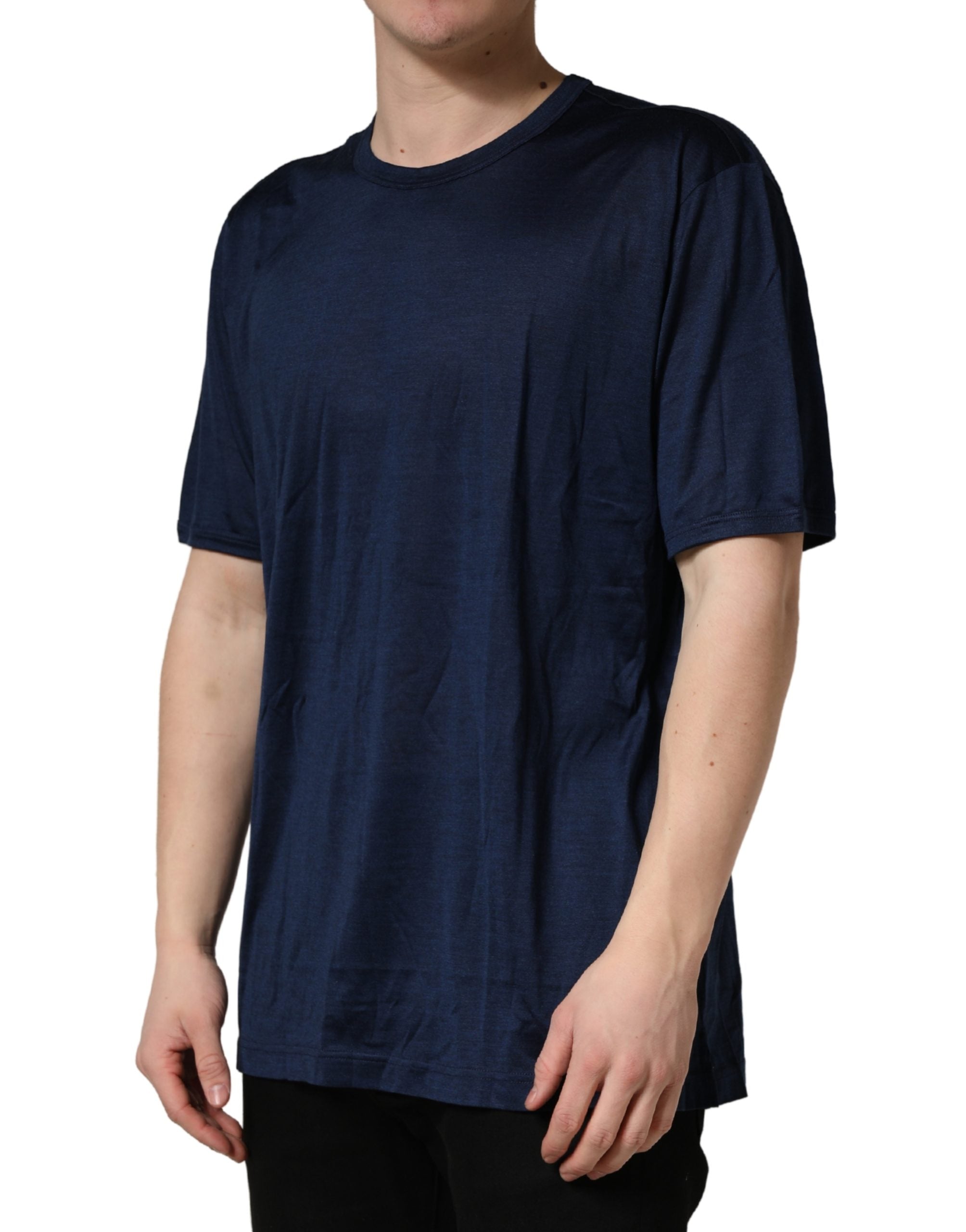Dolce & Gabbana Dark Blue Silk Short Sleeve CrewNeck T-shirt - Luxe Nova