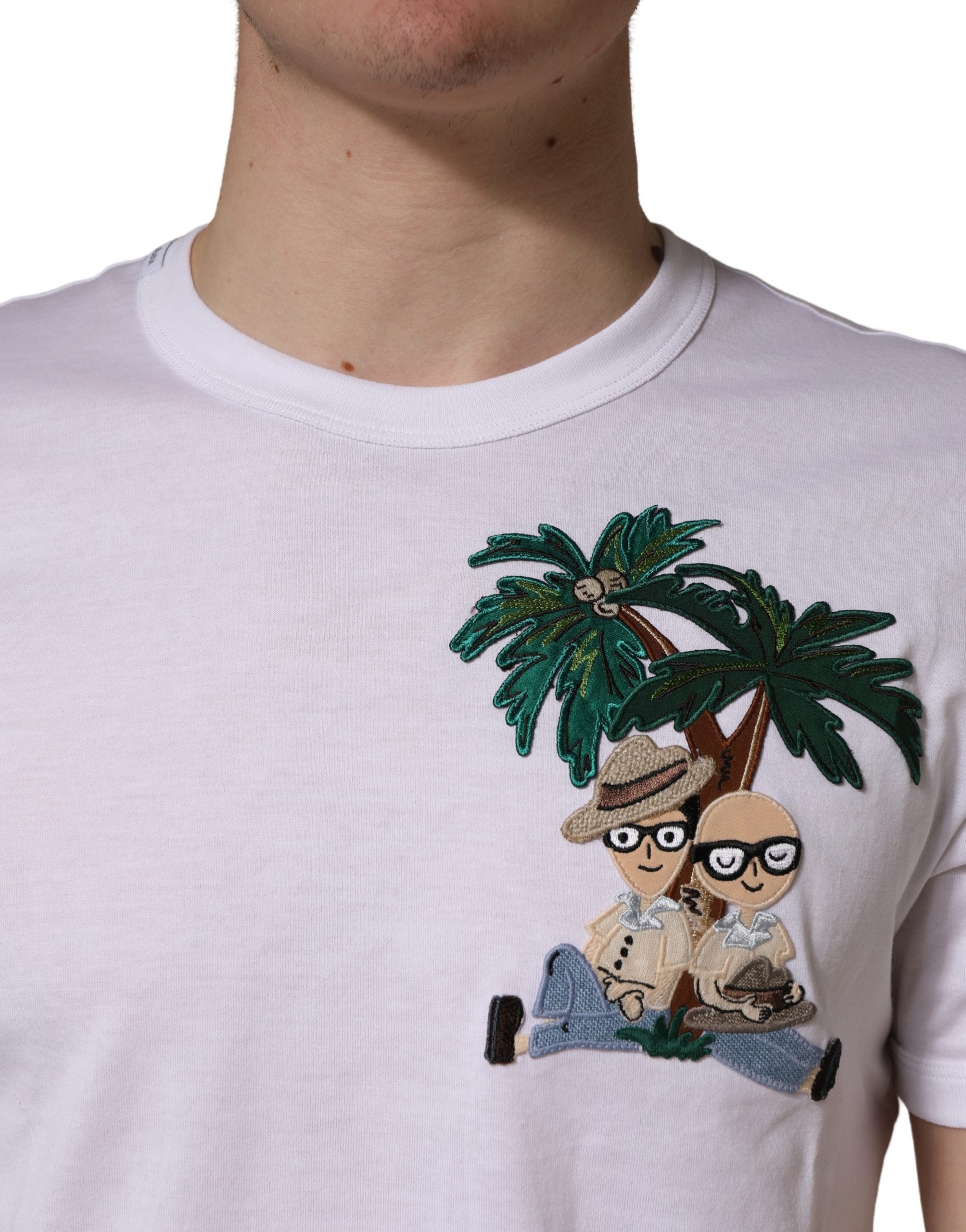 Dolce & Gabbana White Palm Embroidered Men Crew Neck T-shirt - Luxe Nova