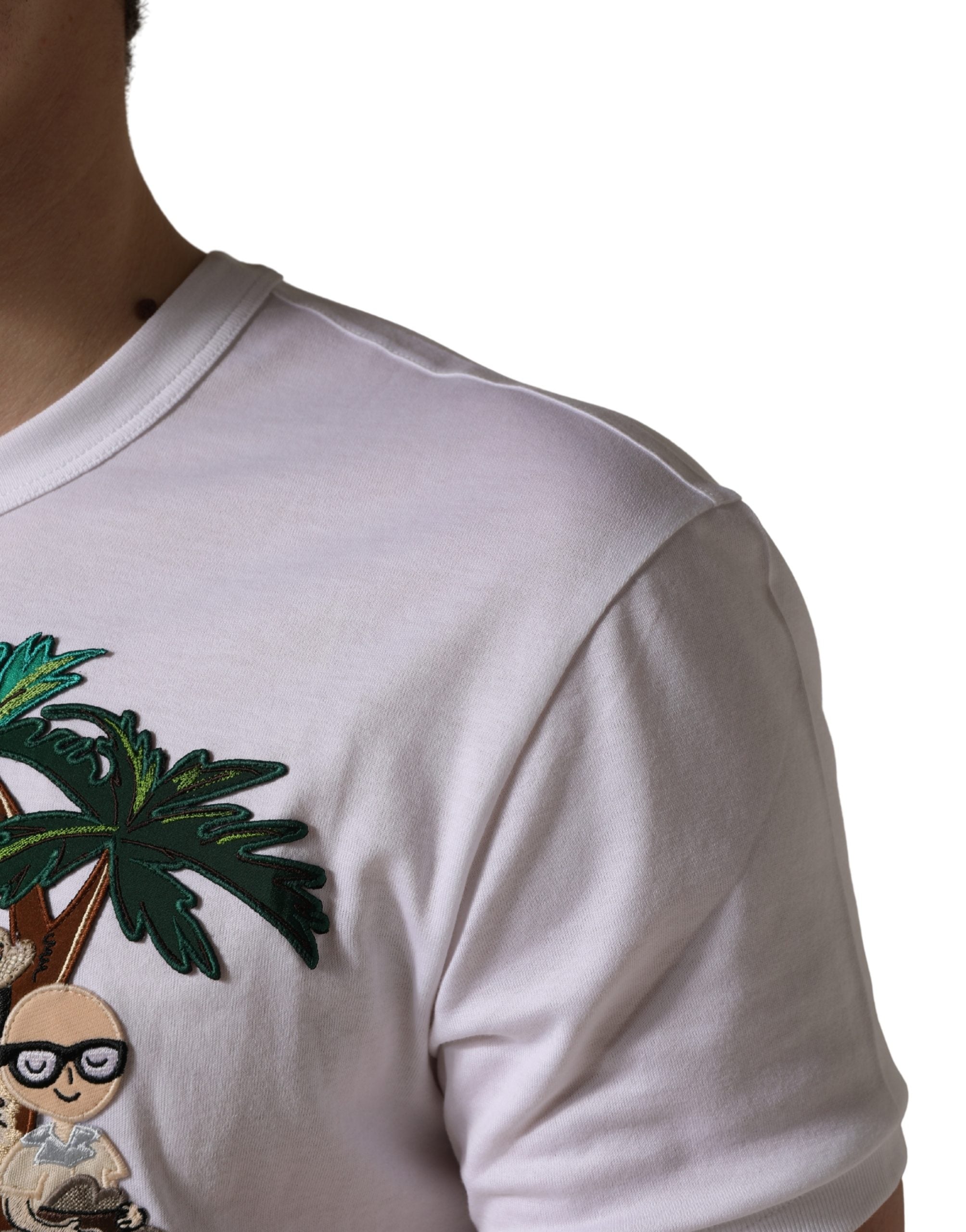 Dolce & Gabbana White Palm Embroidered Men Crew Neck T-shirt - Luxe Nova