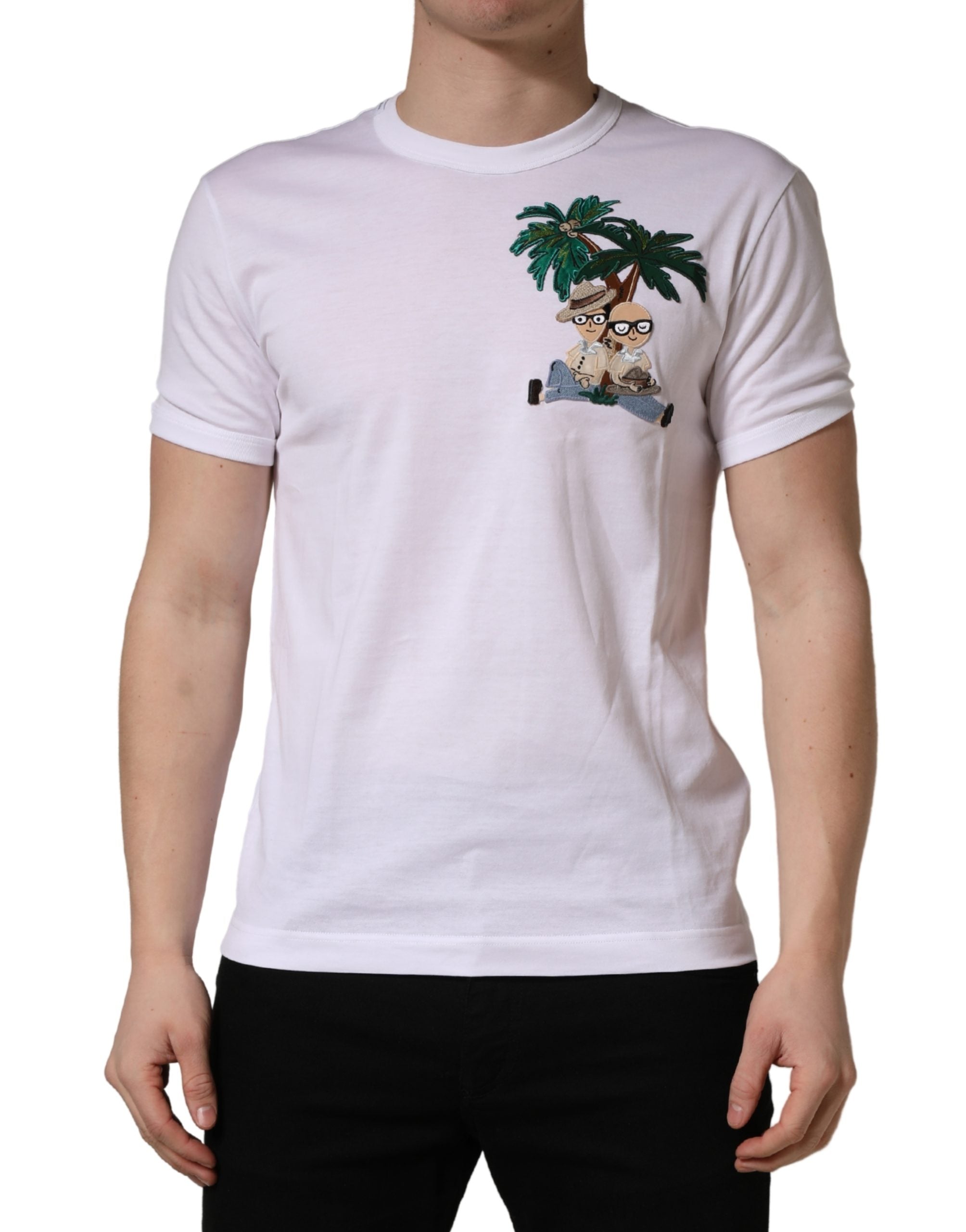 Dolce & Gabbana White Palm Embroidered Men Crew Neck T-shirt - Luxe Nova