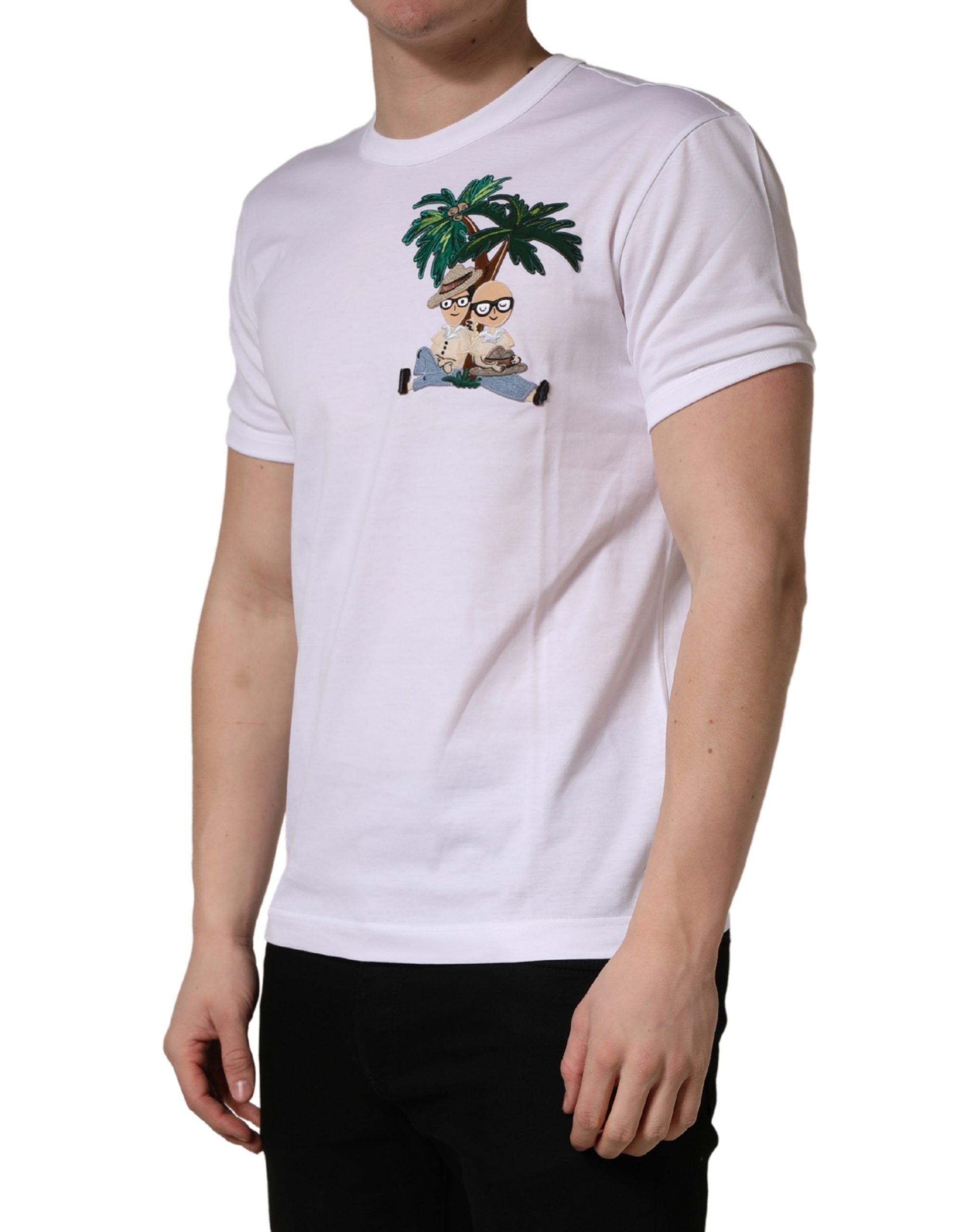 Dolce & Gabbana White Palm Embroidered Men Crew Neck T-shirt - Luxe Nova