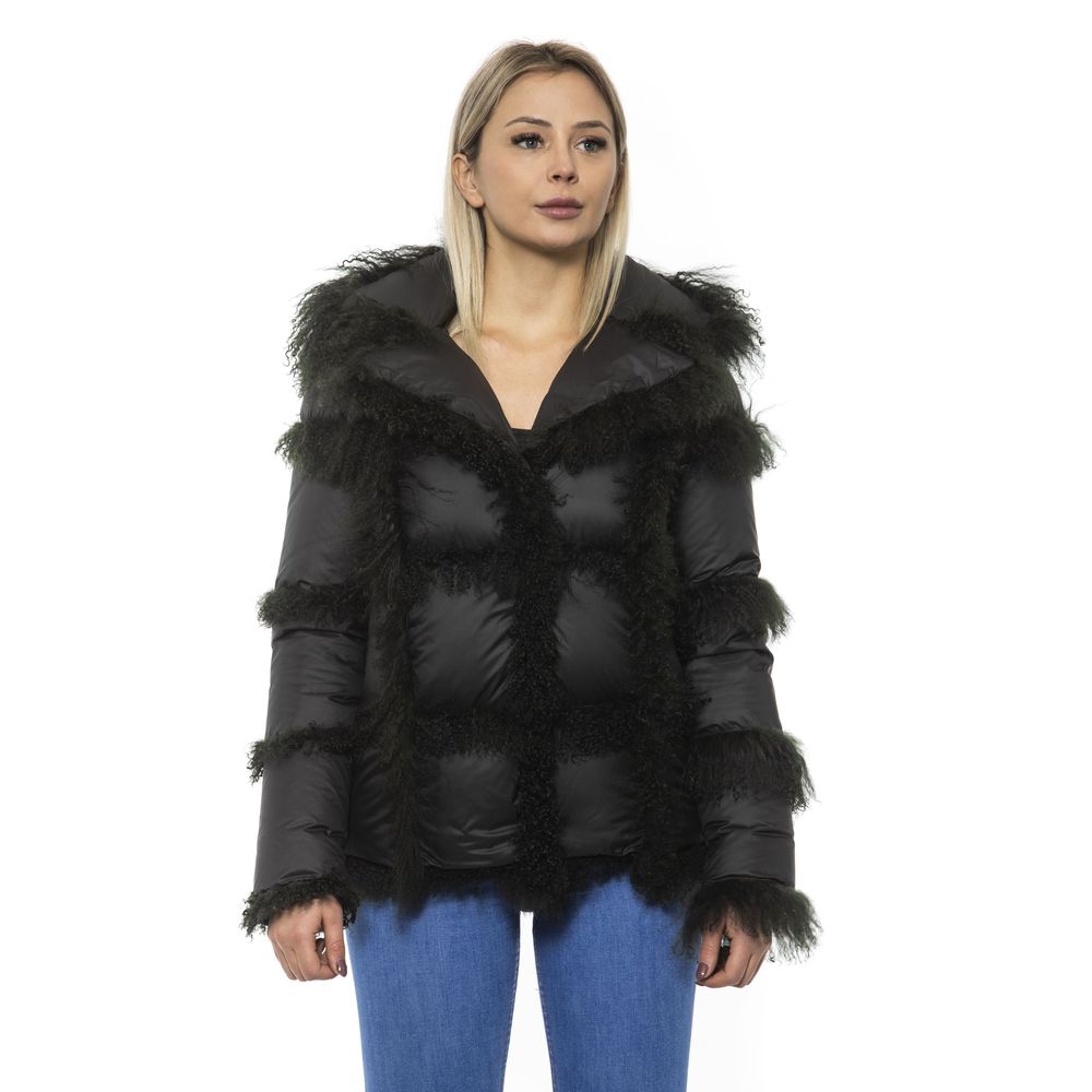 Mr&Mrs Italy Black Poly Jacket with Lamb Fur Hood for Women - Luxe Nova