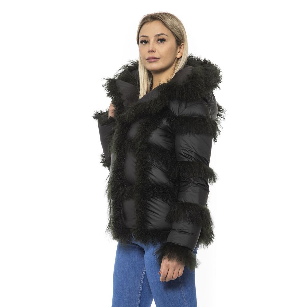 Mr&Mrs Italy Black Poly Jacket with Lamb Fur Hood for Women - Luxe Nova