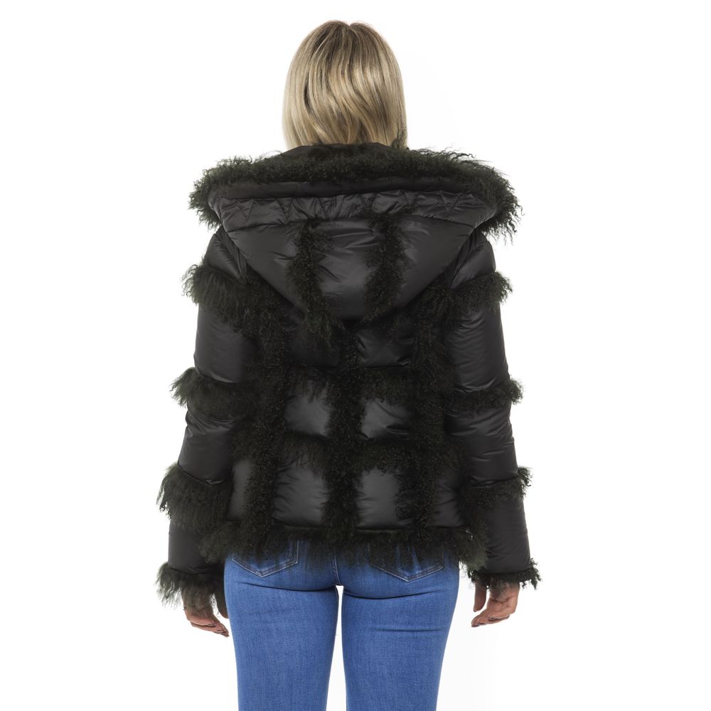 Mr&Mrs Italy Black Poly Jacket with Lamb Fur Hood for Women - Luxe Nova