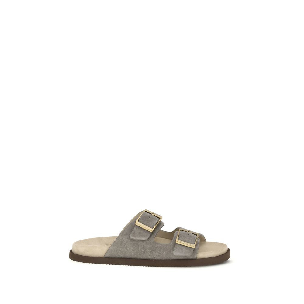 Brunello Cucinelli Gray Calf Leather Bos Taurus Sandals - Luxe Nova