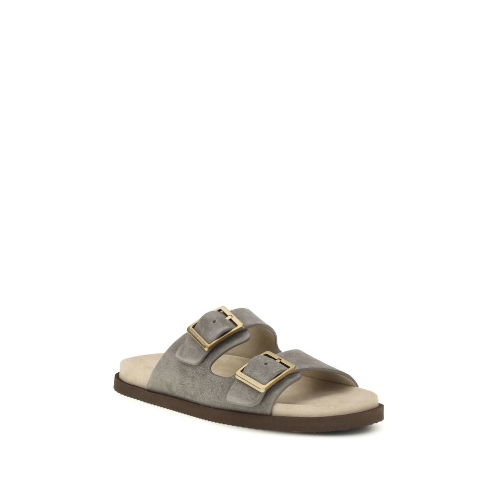 Brunello Cucinelli Gray Calf Leather Bos Taurus Sandals - Luxe Nova