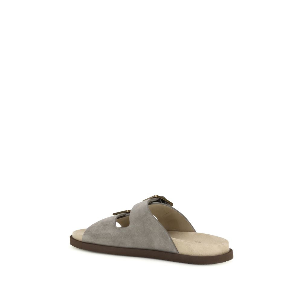 Brunello Cucinelli Gray Calf Leather Bos Taurus Sandals - Luxe Nova