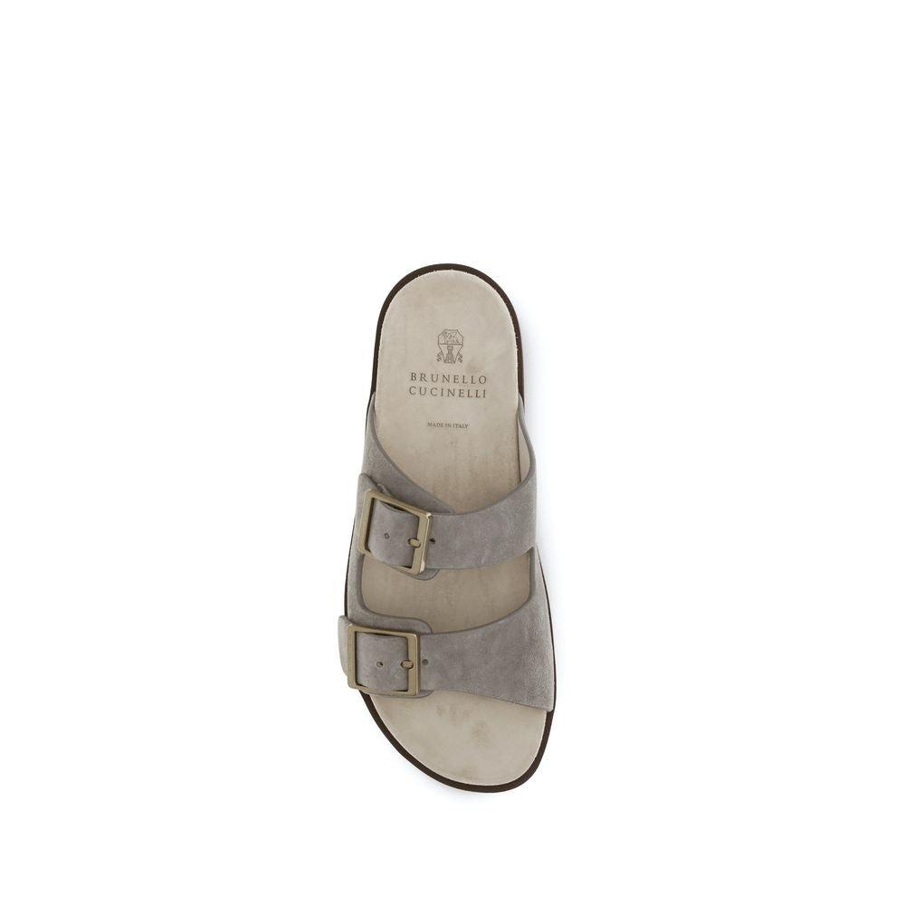 Brunello Cucinelli Gray Calf Leather Bos Taurus Sandals - Luxe Nova