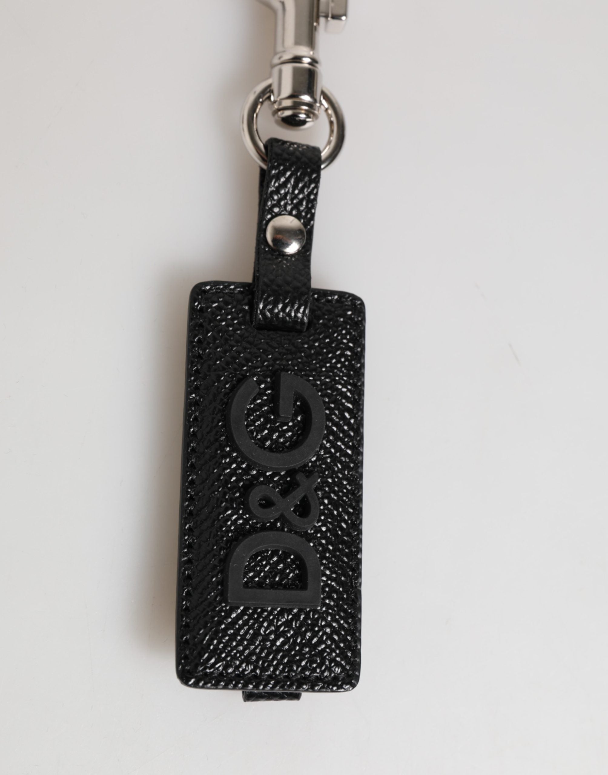 Dolce & Gabbana Black DG Logo Leather Silver Metal Keyring Men Keychain