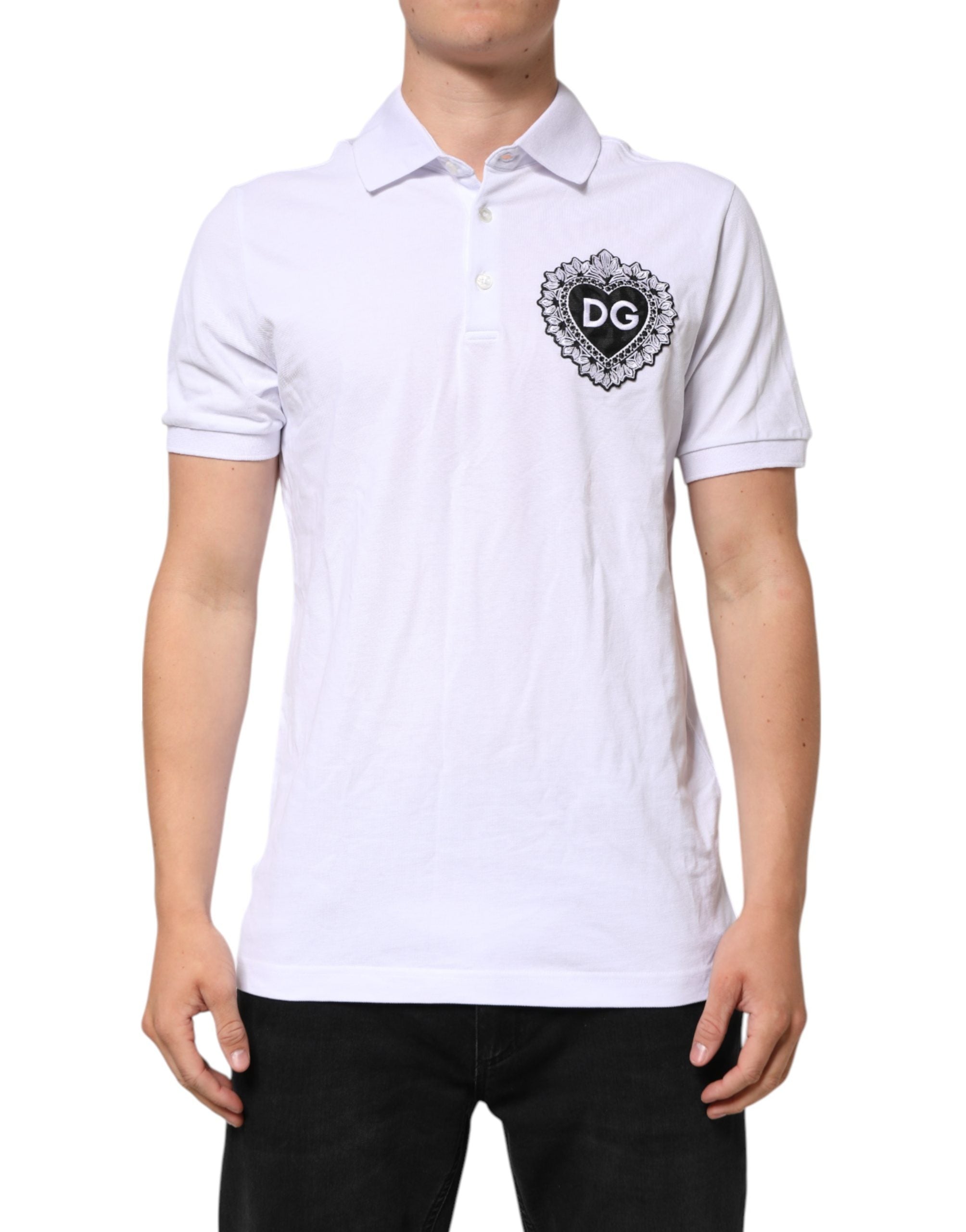 Dolce & Gabbana White Cotton DG Logo Heart Men Polo  T-shirt