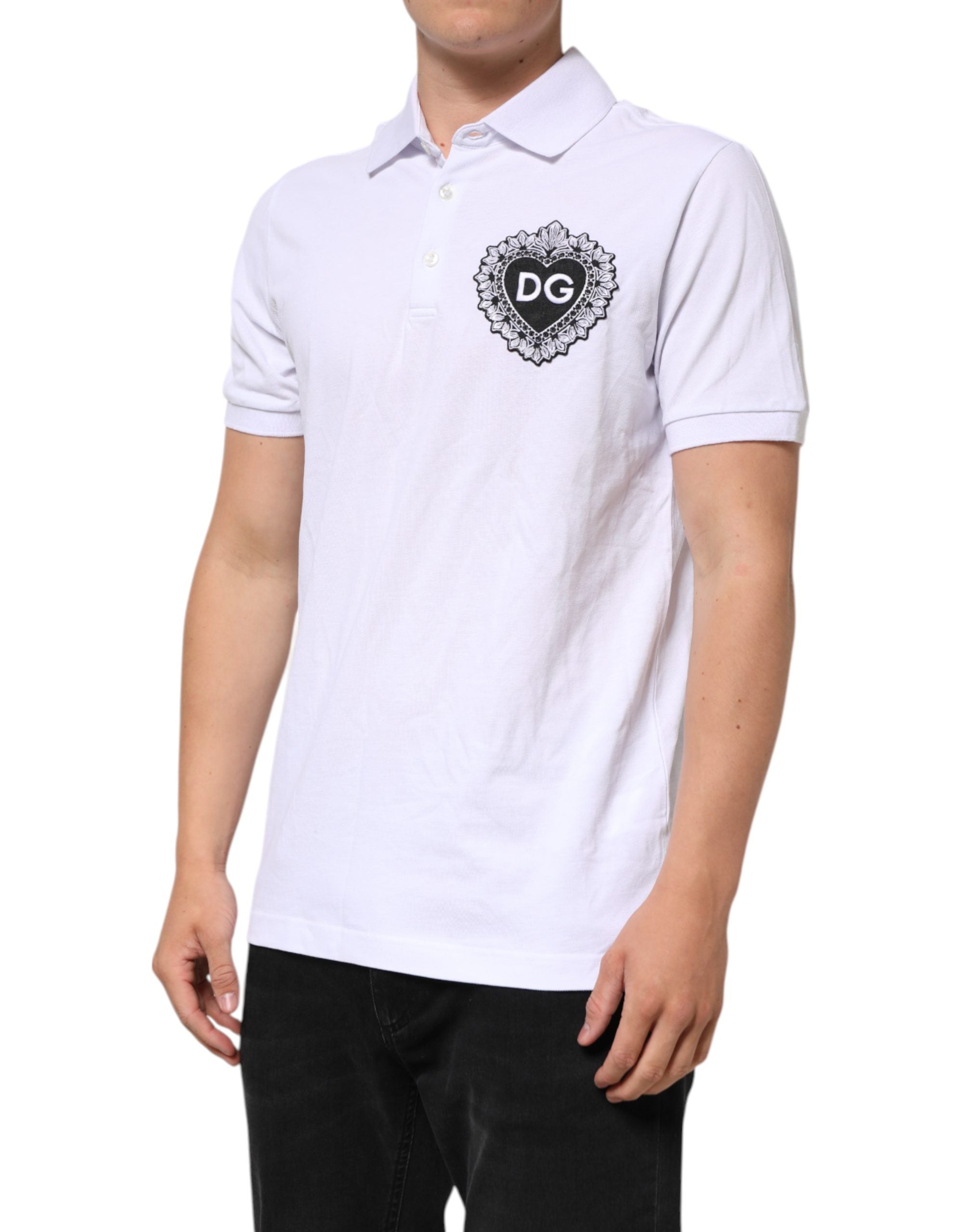 Dolce & Gabbana White Cotton DG Logo Heart Men Polo  T-shirt