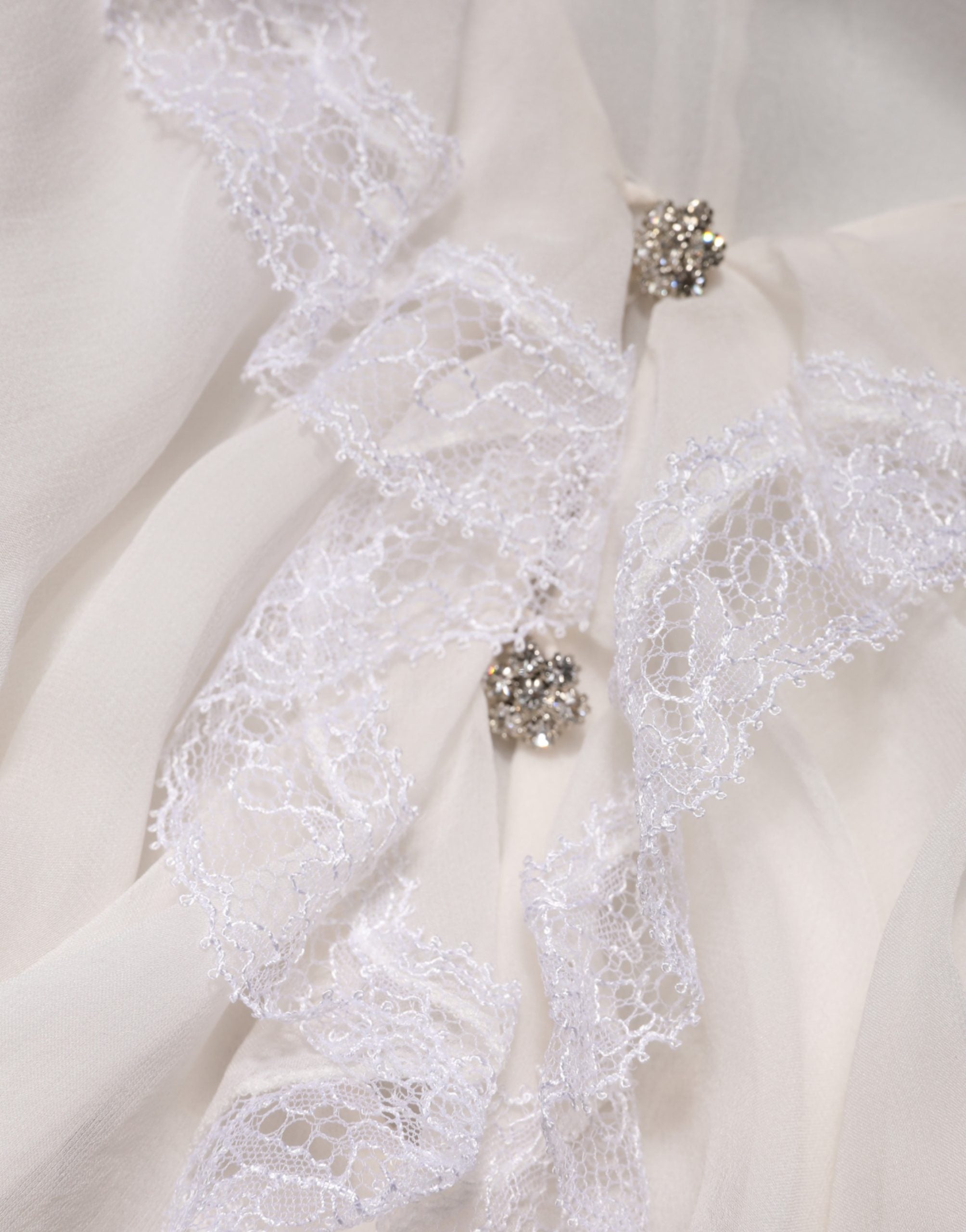 Dolce & Gabbana White LongSleeve Lace Trim Ruffled Blouse Top