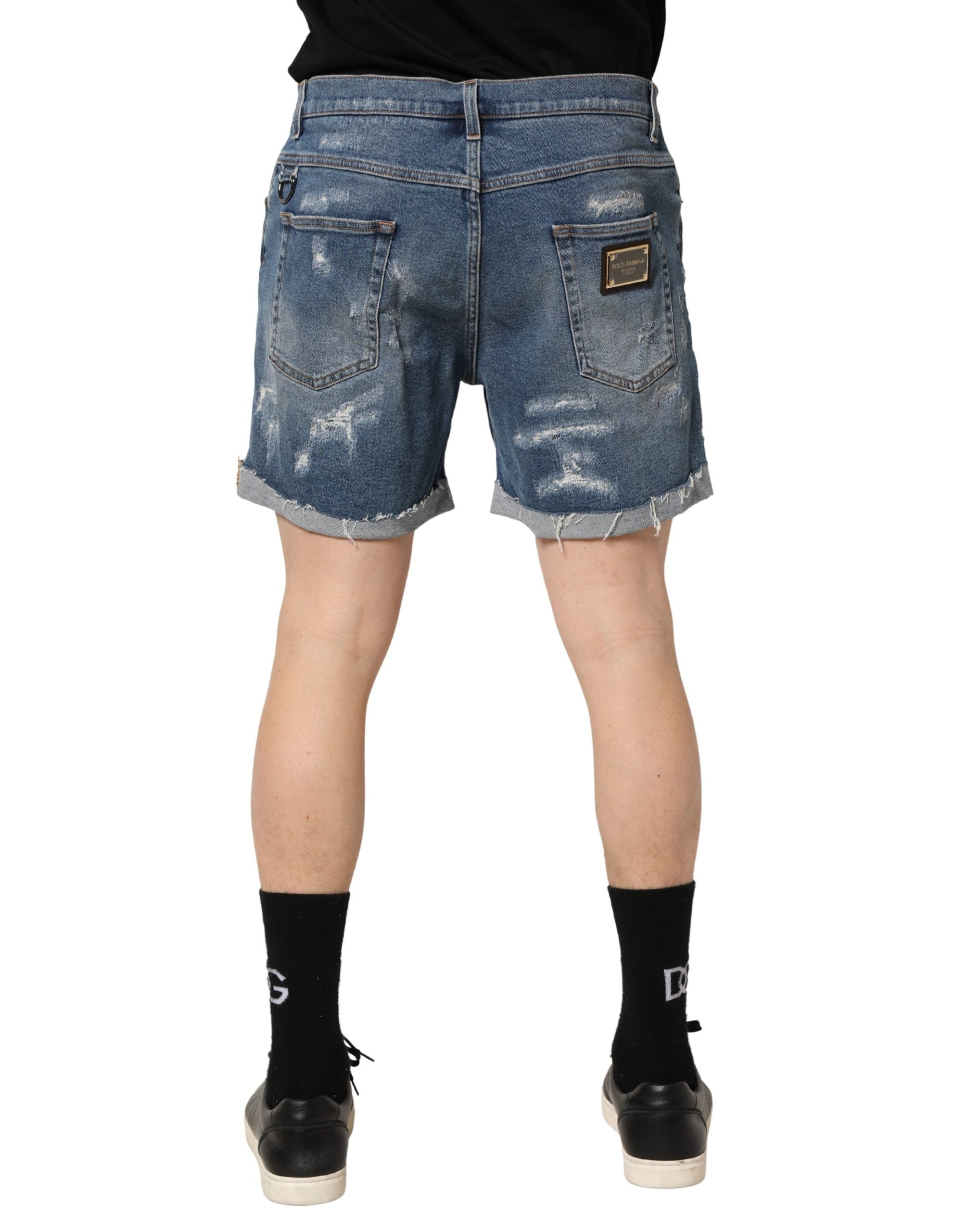 Dolce & Gabbana Blue Cotton Distressed Denim Bermuda Shorts