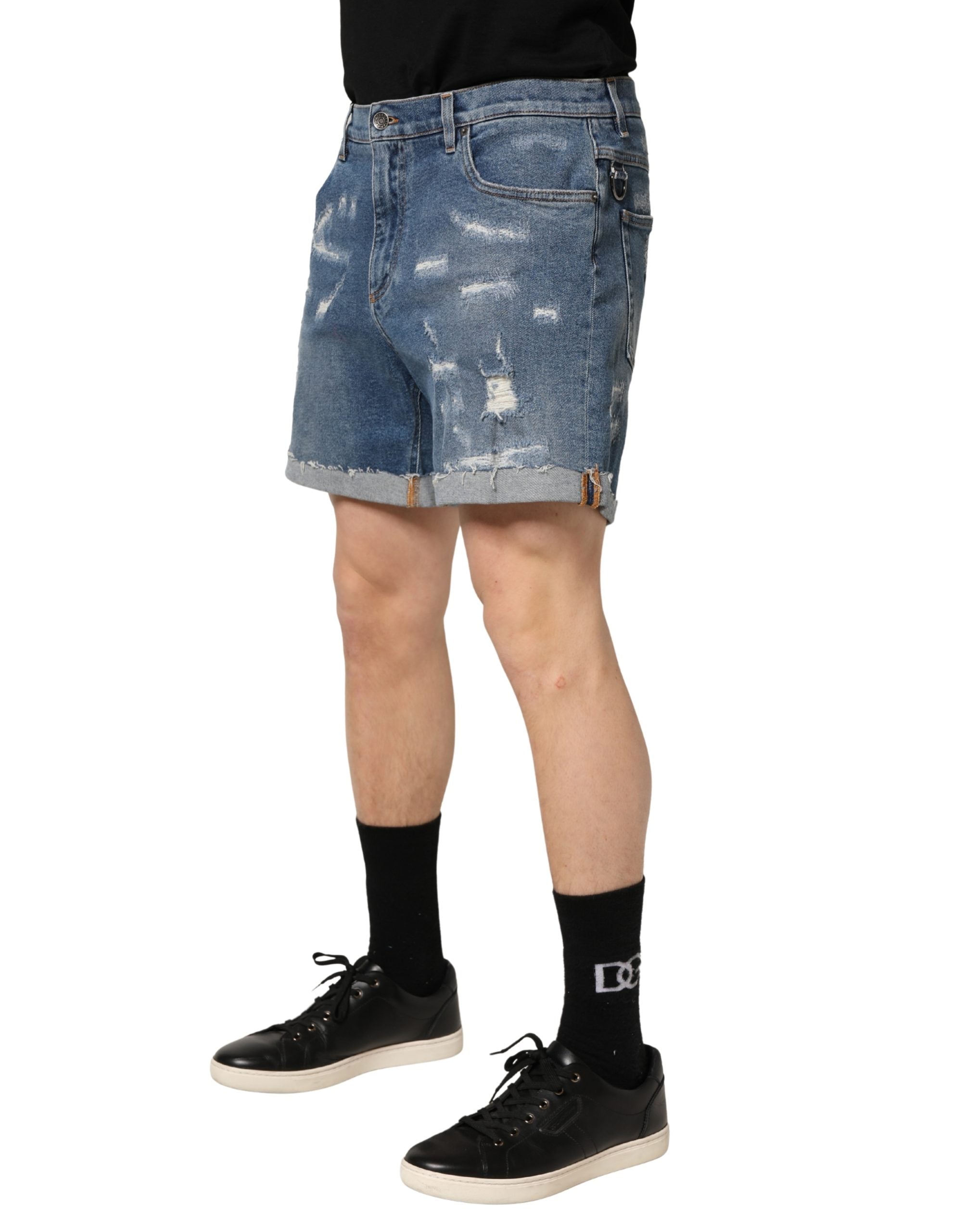 Dolce & Gabbana Blue Cotton Distressed Denim Bermuda Shorts