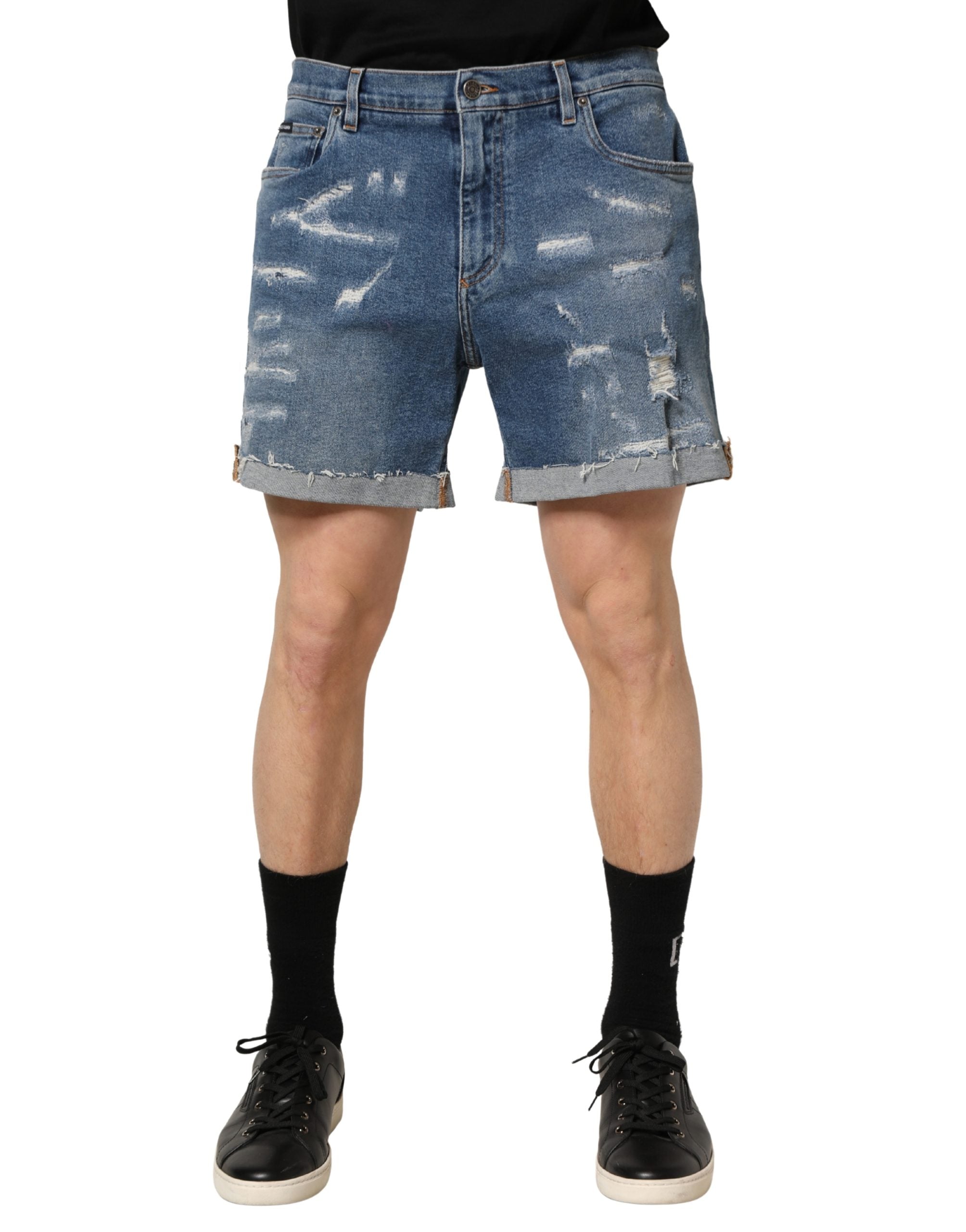 Dolce & Gabbana Blue Cotton Distressed Denim Bermuda Shorts