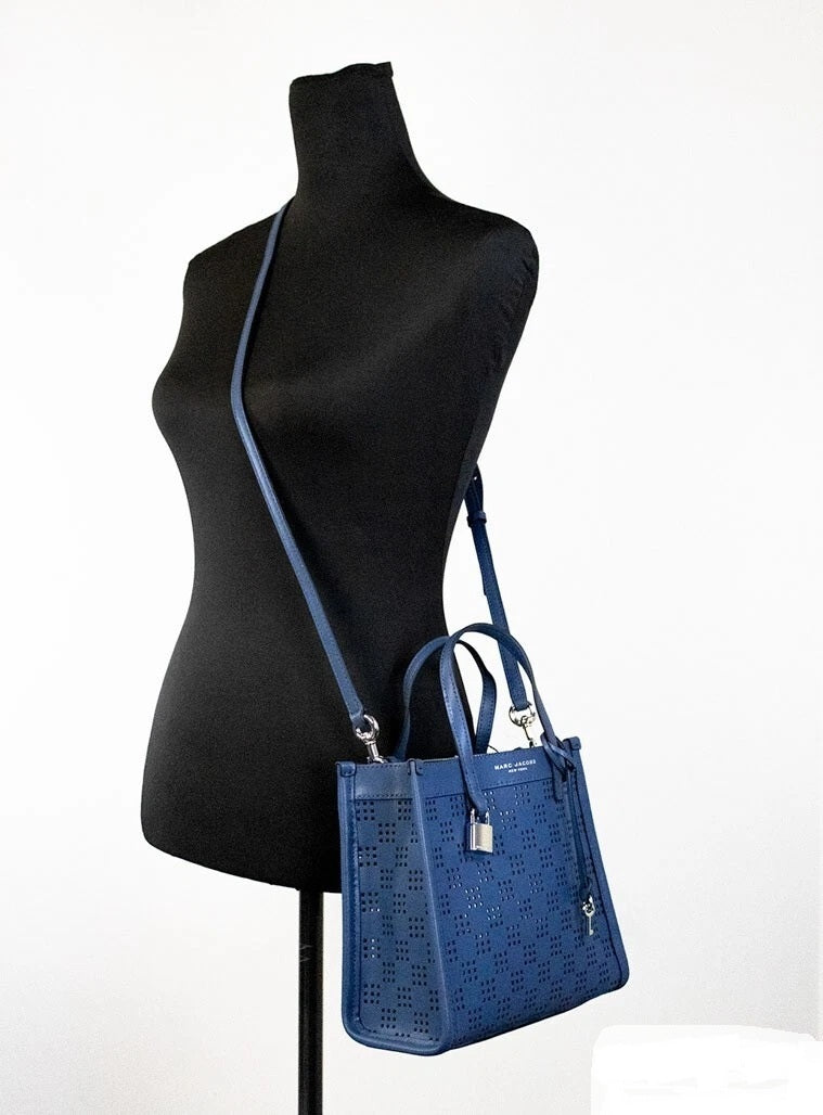 Marc Jacobs Mini Grind Blue Sea Perforated Leather Crossbody Tote Bag Purse