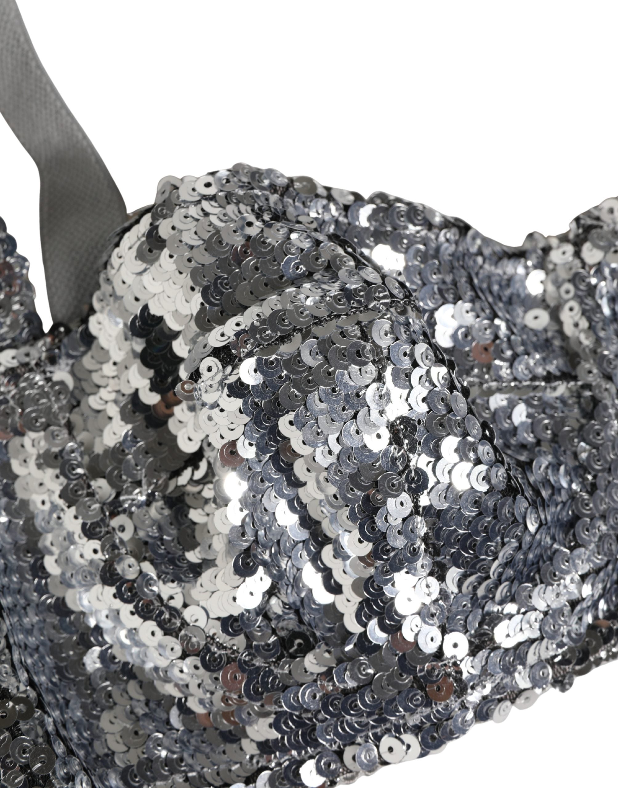 Dolce & Gabbana Silver Sequined Nyon Balconnet Bra Underwear