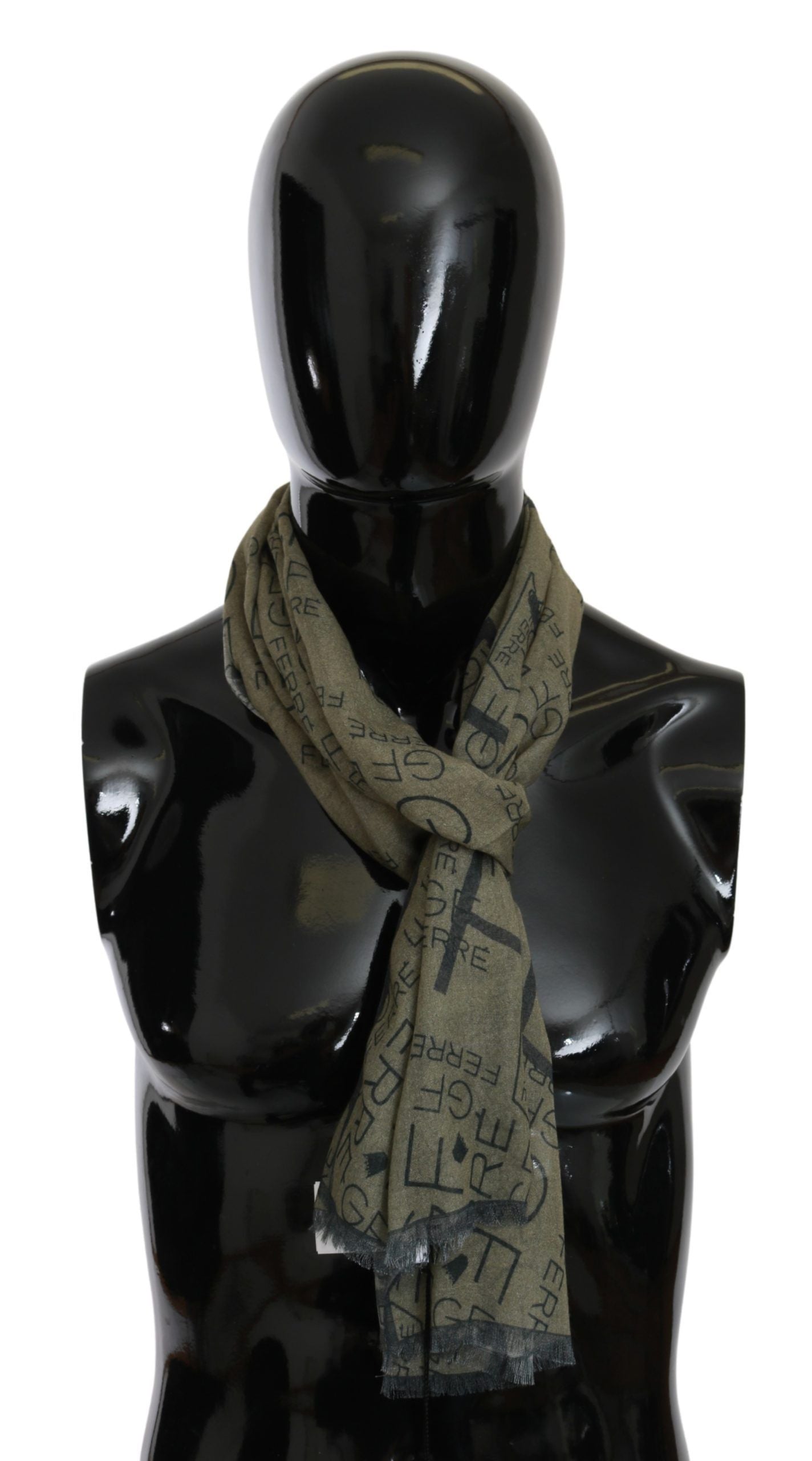 GF Ferre Green Wool Viscose Foulard Patterned Branded Scarf