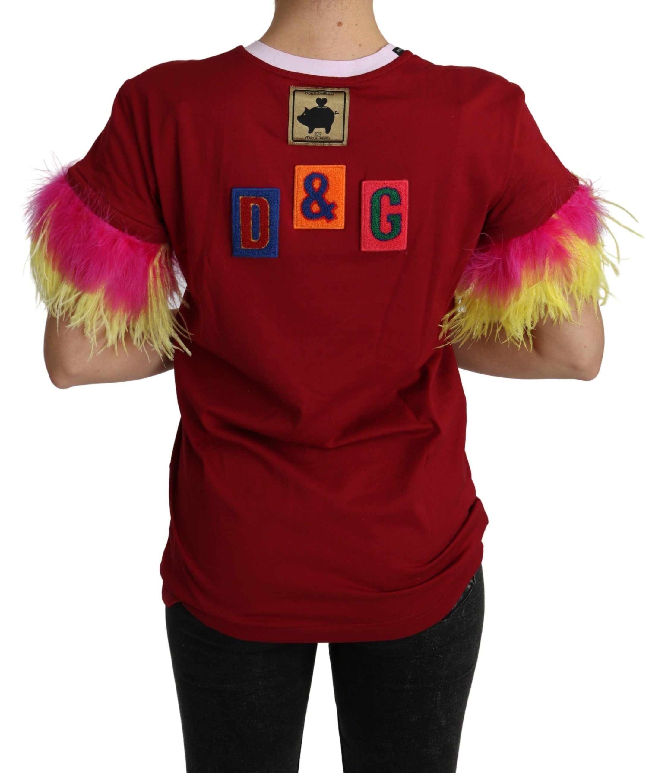 Dolce & Gabbana Red Pig Print Feather Sleeves T-shirt Top - Luxe Nova