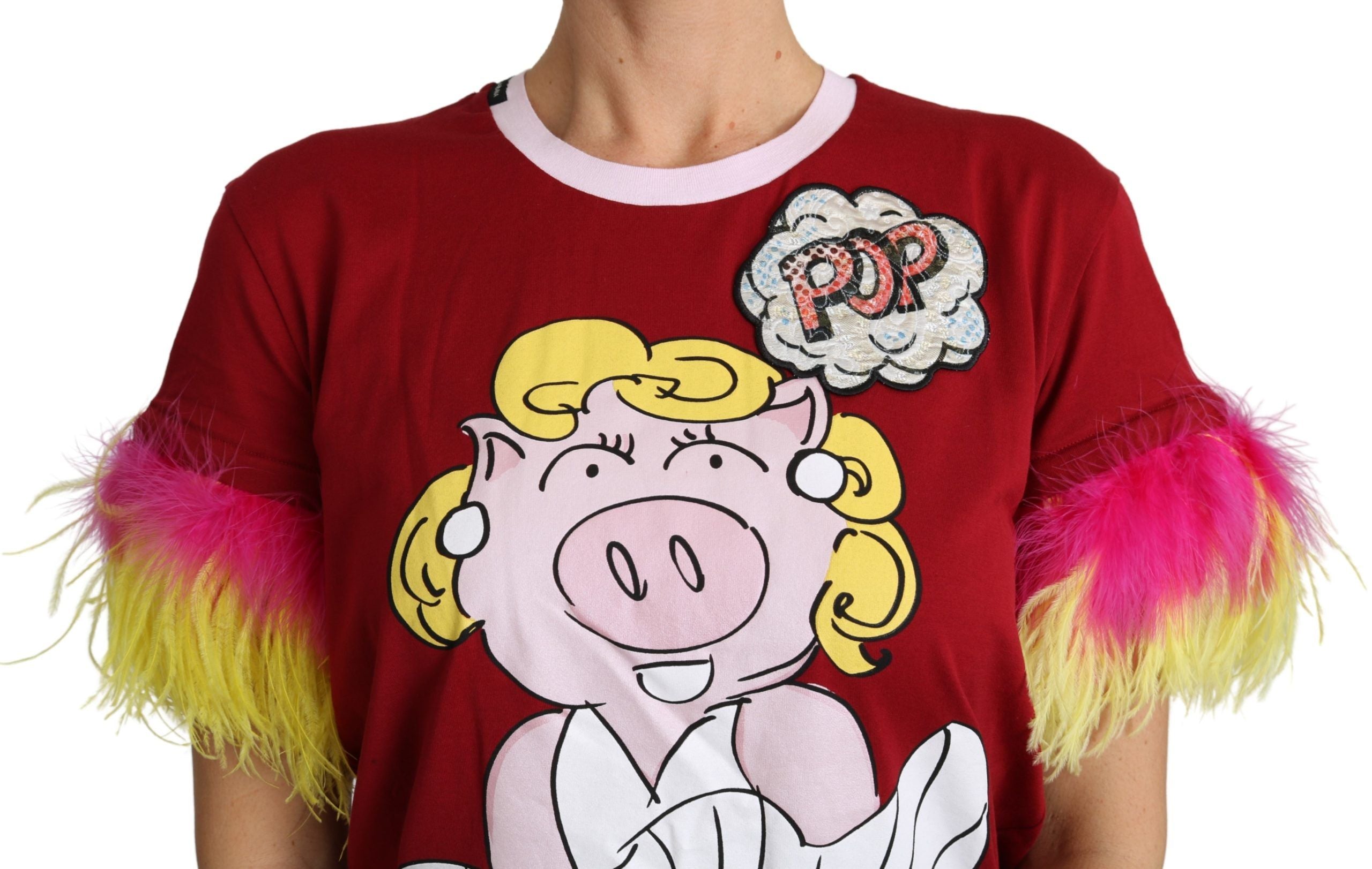 Dolce & Gabbana Red Pig Print Feather Sleeves T-shirt Top - Luxe Nova
