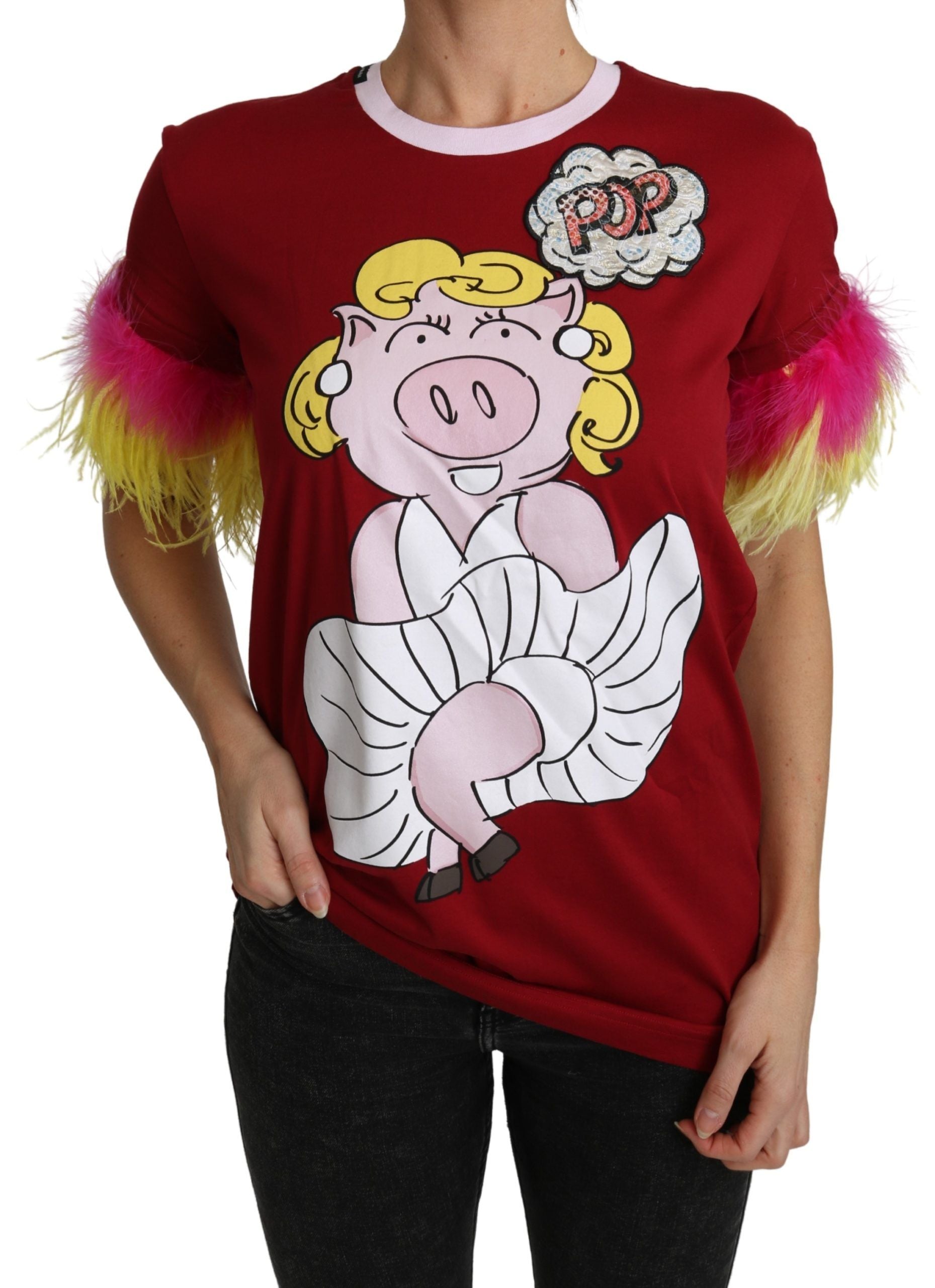 Dolce & Gabbana Red Pig Print Feather Sleeves T-shirt Top - Luxe Nova