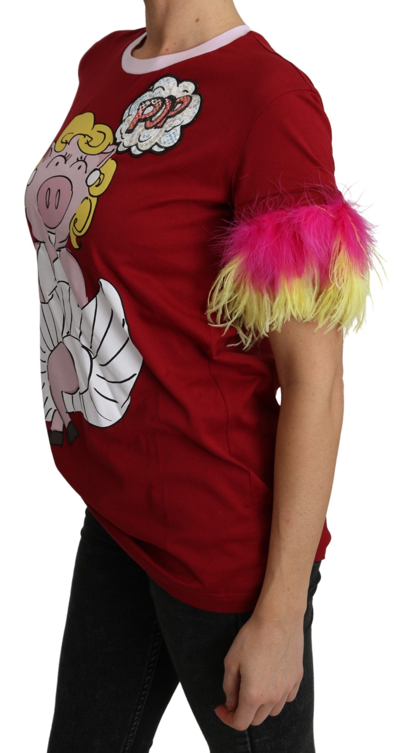 Dolce & Gabbana Red Pig Print Feather Sleeves T-shirt Top - Luxe Nova