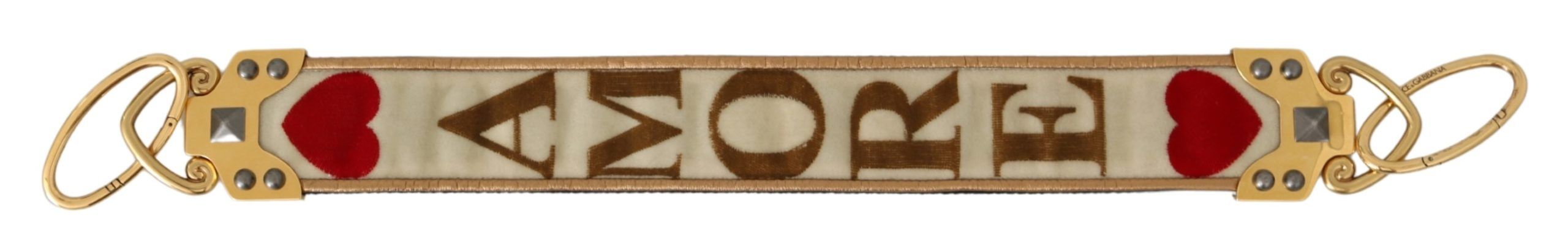 Dolce & Gabbana Gold White Textile Leather AMORE Shoulder Strap - Luxe Nova