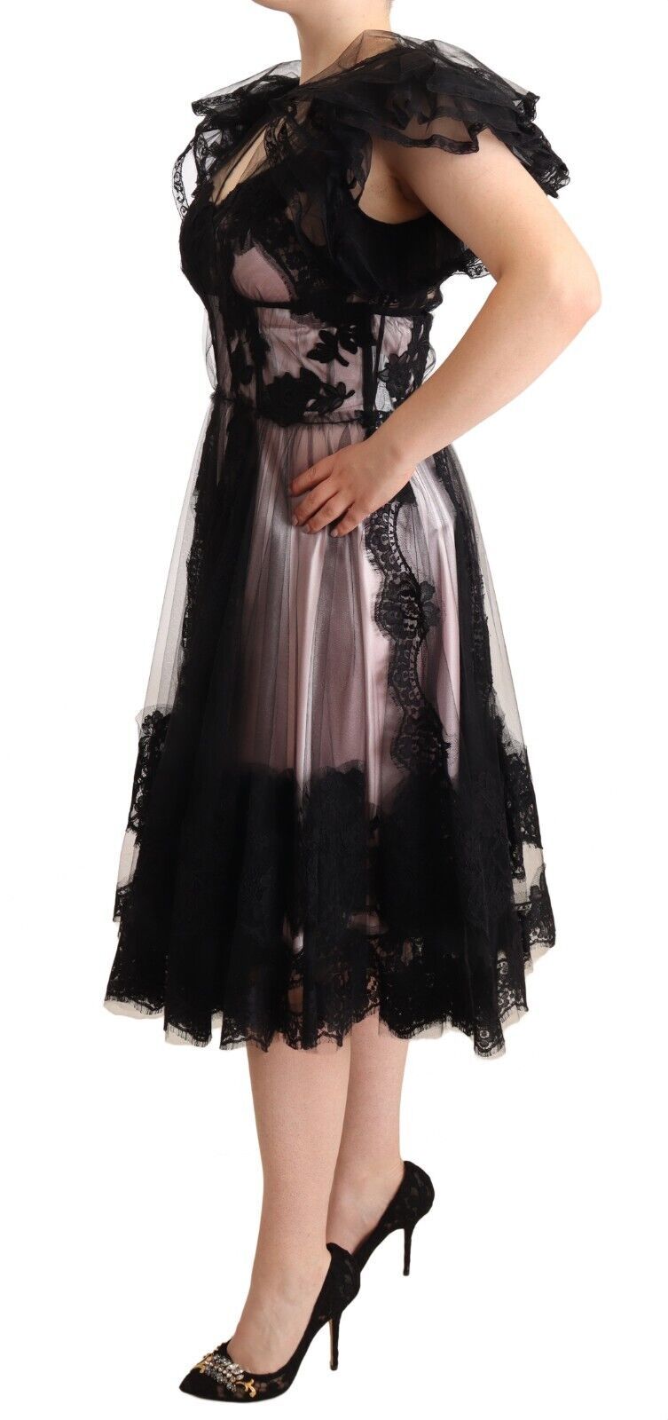 Dolce & Gabbana Black Pink Floral Lace A-line Midi Sheer Dress - Luxe Nova