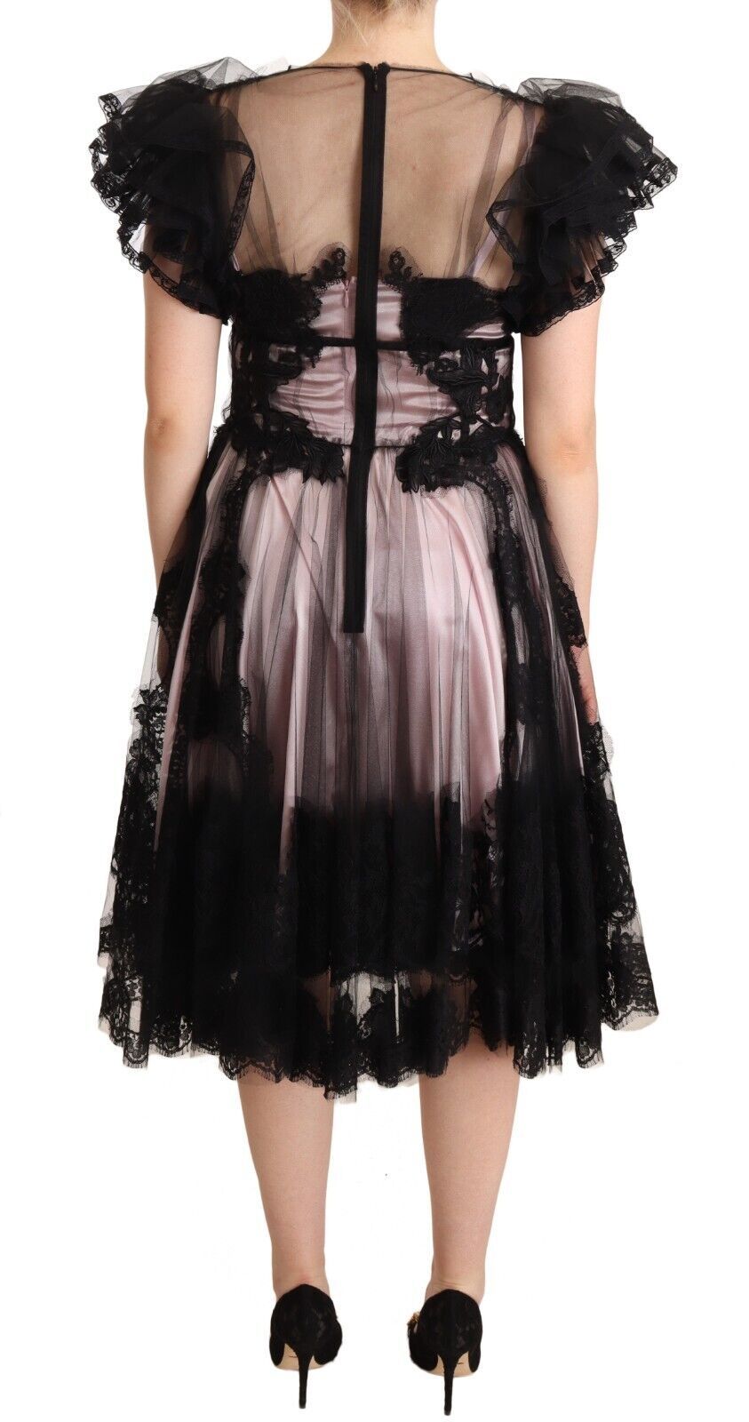 Dolce & Gabbana Black Pink Floral Lace A-line Midi Sheer Dress - Luxe Nova
