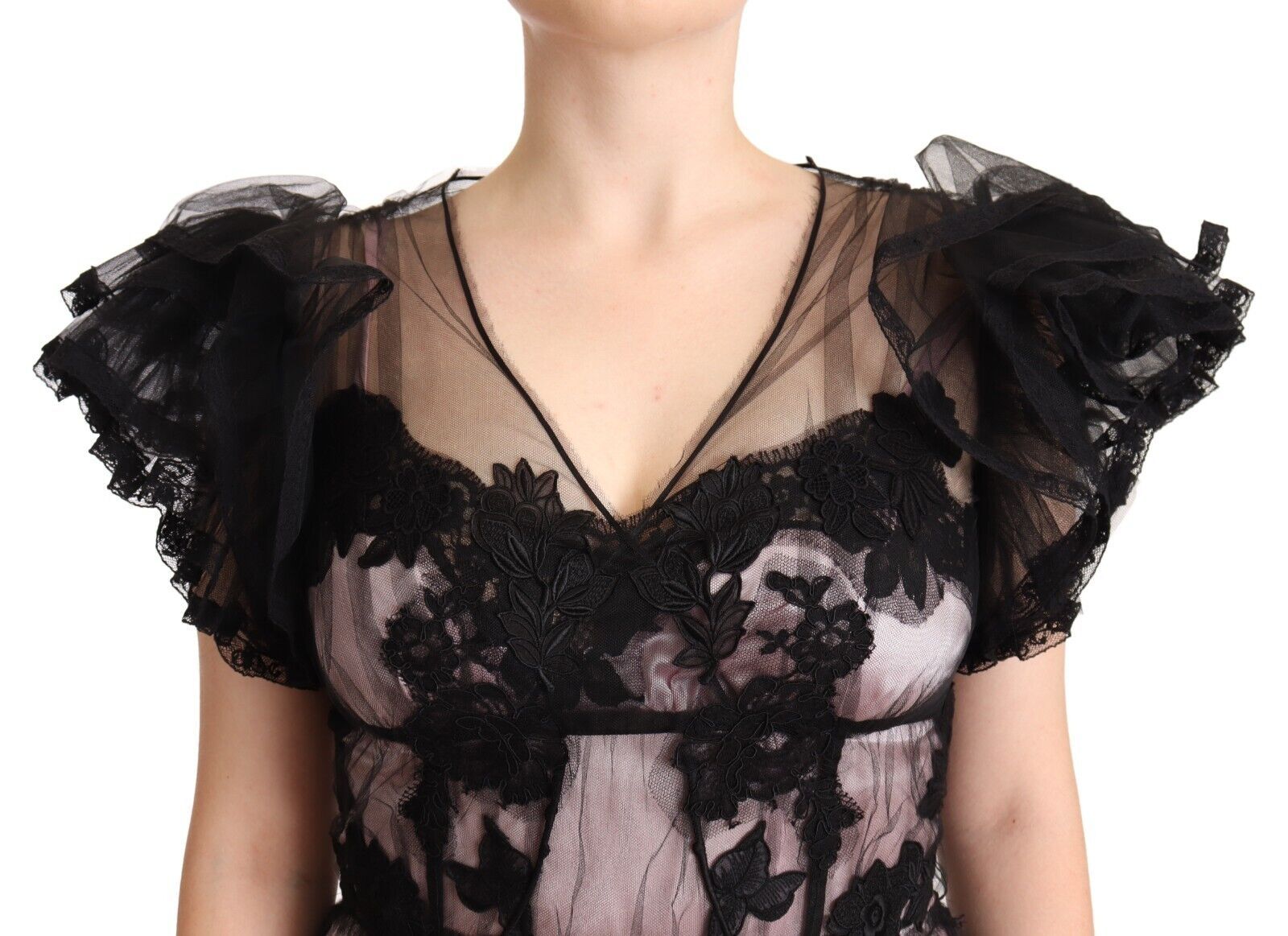 Dolce & Gabbana Black Pink Floral Lace A-line Midi Sheer Dress - Luxe Nova