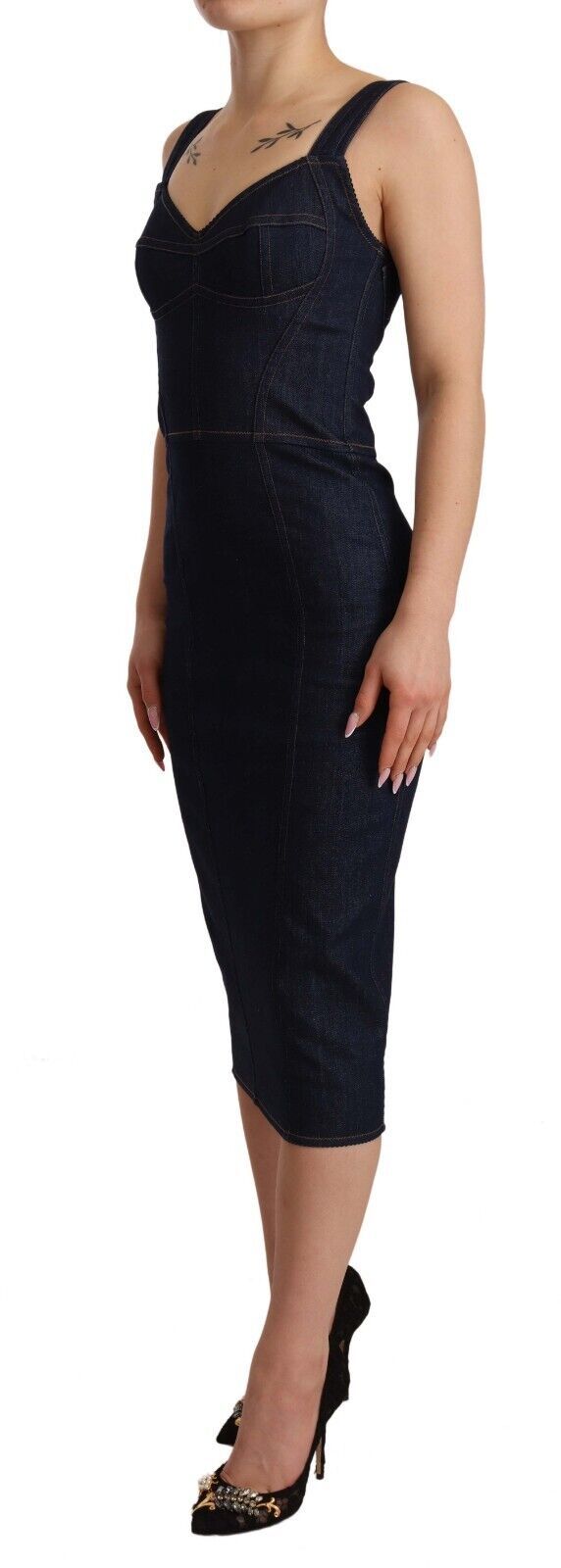 Dolce & Gabbana Dark Blue Cotton Denim Sheath Midi Dress - Luxe Nova