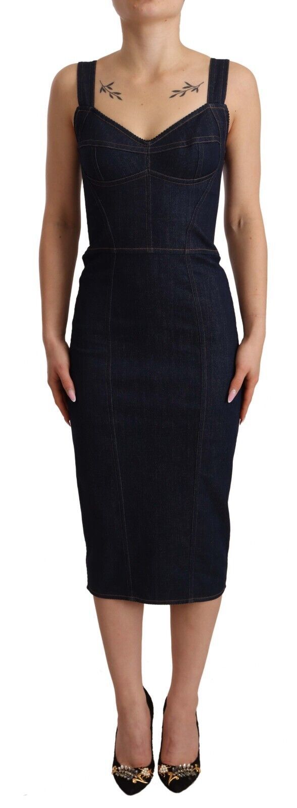 Dolce & Gabbana Dark Blue Cotton Denim Sheath Midi Dress - Luxe Nova