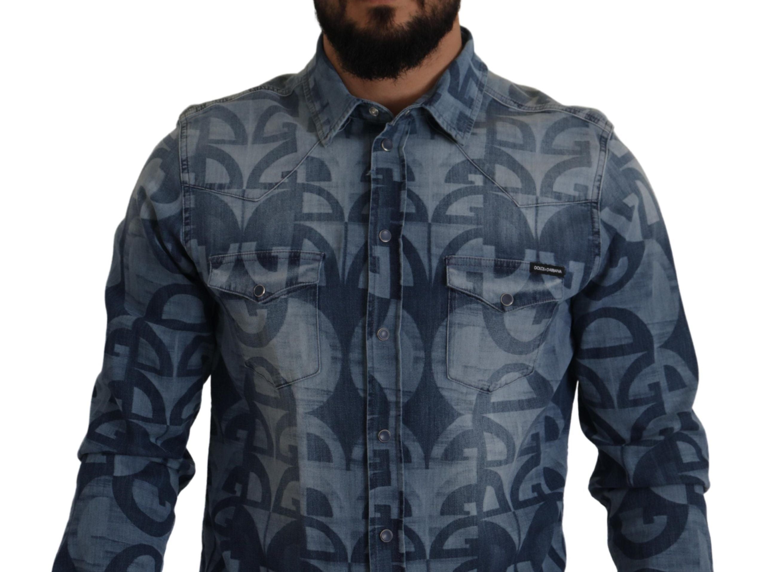 Dolce & Gabbana Blue Denim Stretch DG Logo Casual Mens Slim Shirt